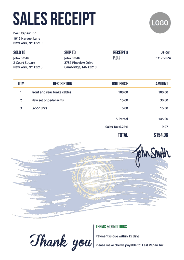 Sales Receipt Template Us Flag Of New Hampshire 