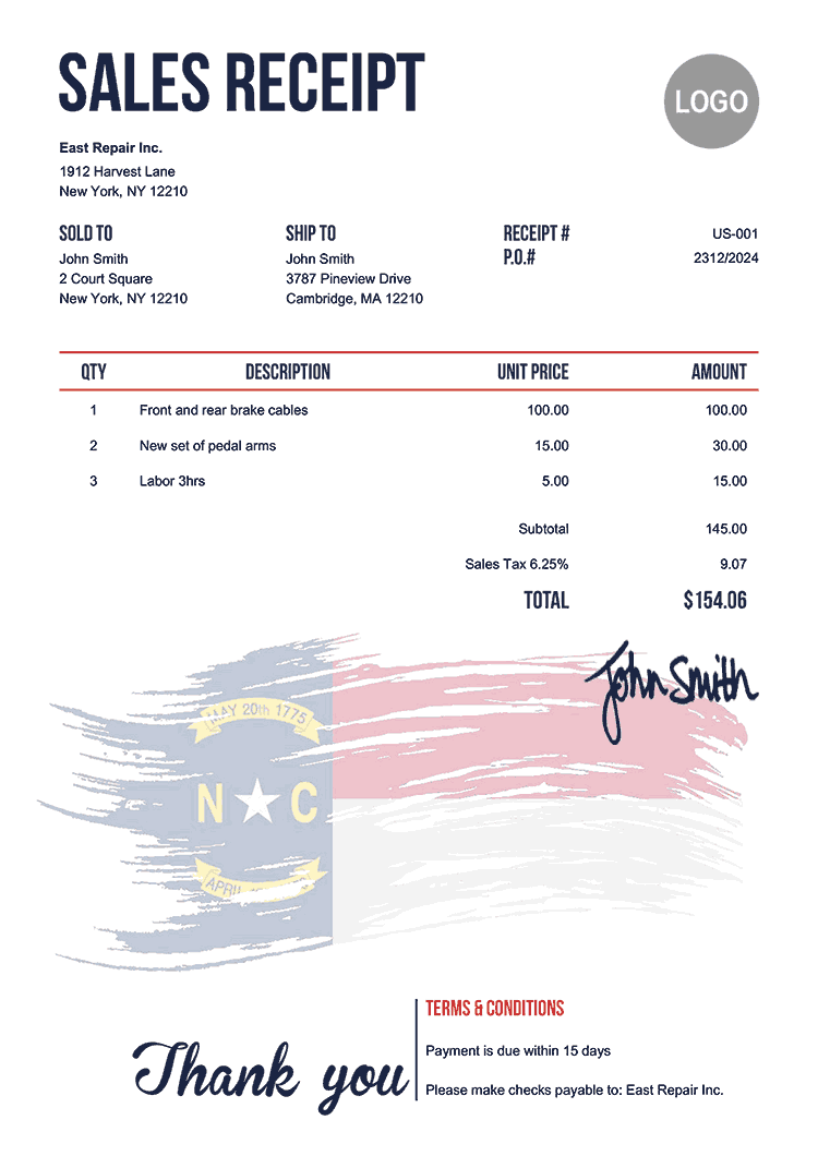 Sales Receipt Template Us Flag Of North Carolina 