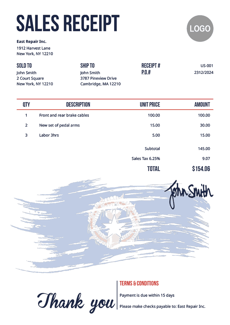 Sales Receipt Template Us Flag Of Northern Mariana Islands 