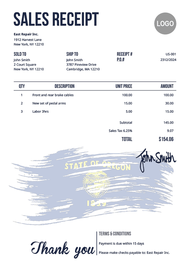 Sales Receipt Template Us Flag Of Oregon 