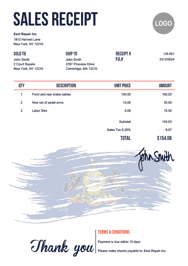 Sales Receipt Template Us Flag Of Pennsylvania 