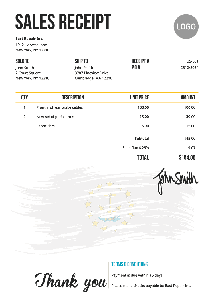 Sales Receipt Template Us Flag Of Rhode Island 