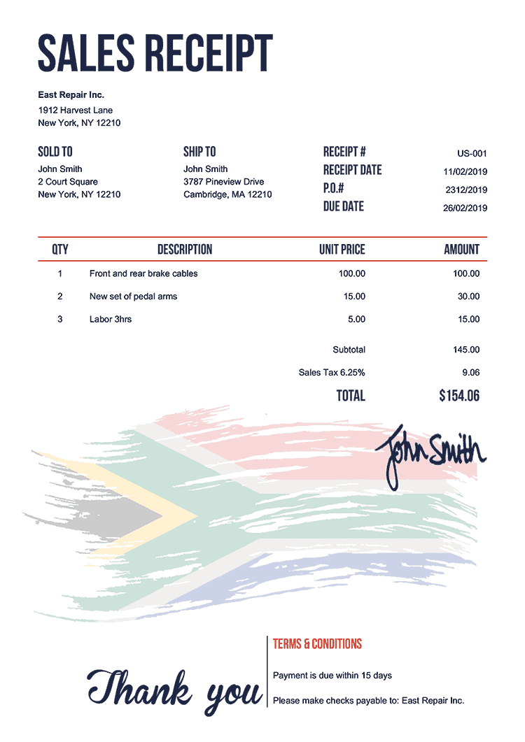 Sales Receipt Template Us Flag Of South Africa 