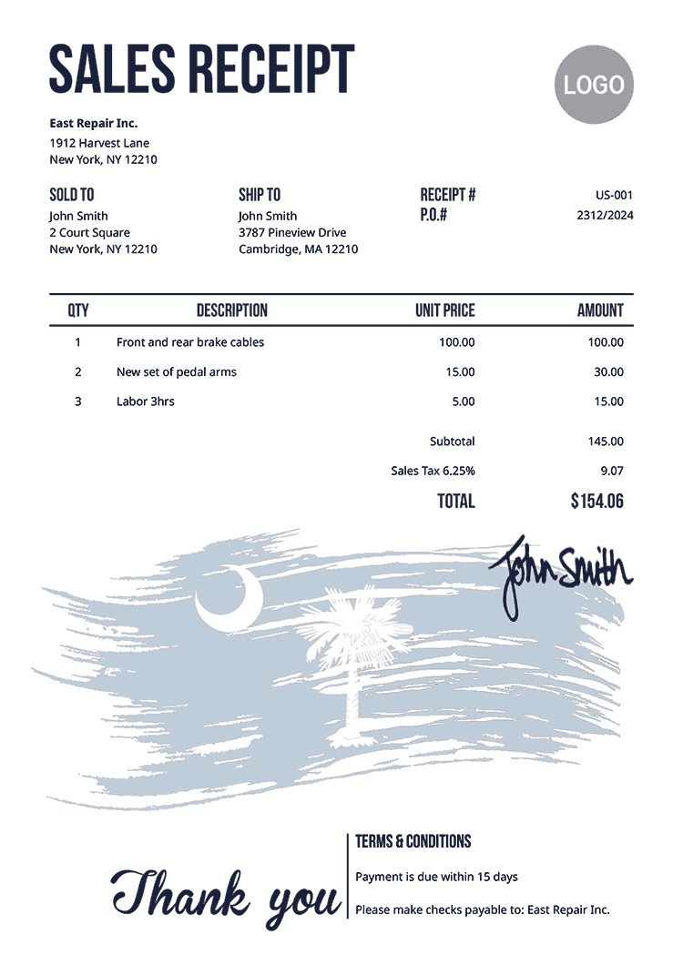 Sales Receipt Template Us Flag Of South Carolina 