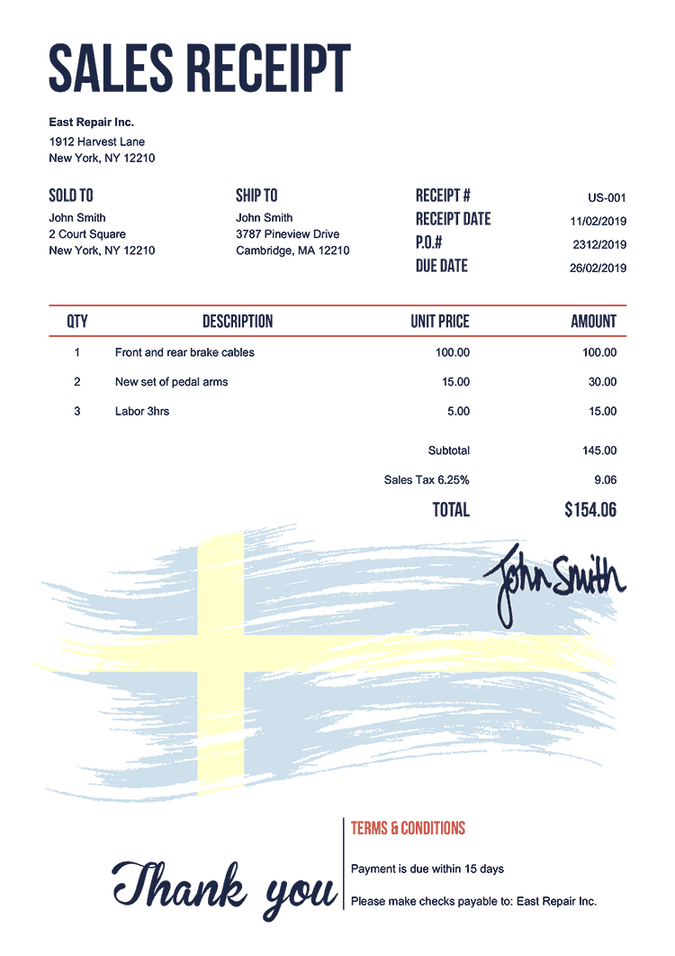 Sales Receipt Template Us Flag Of Sweden 