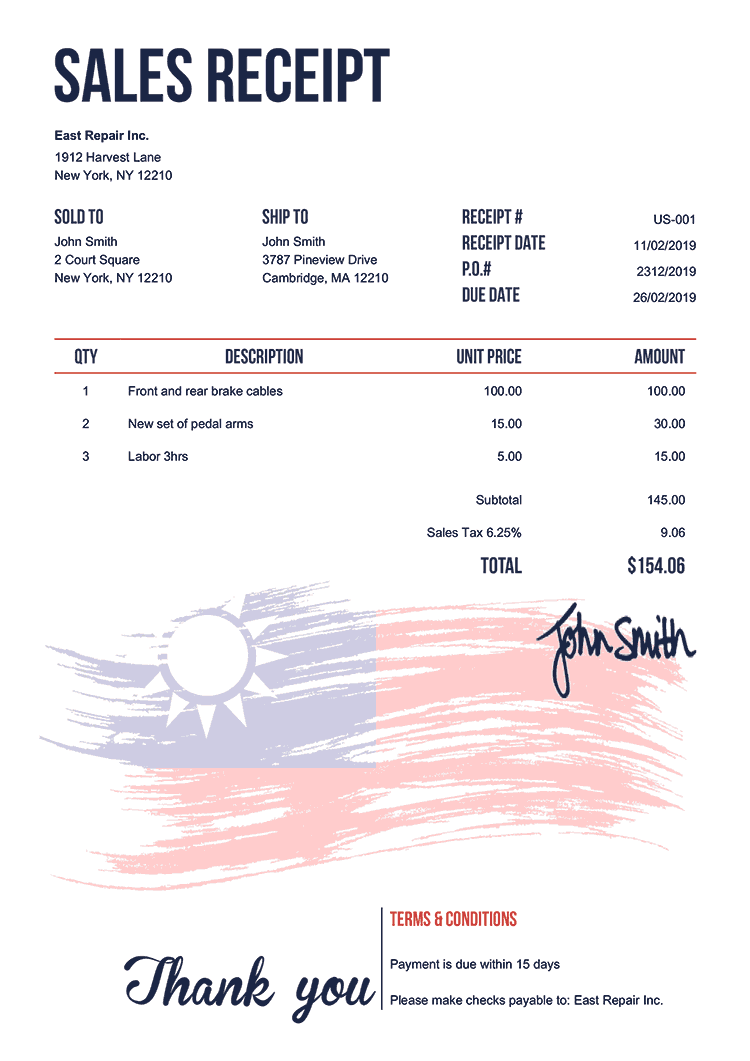 Sales Receipt Template Us Flag Of Taiwan 