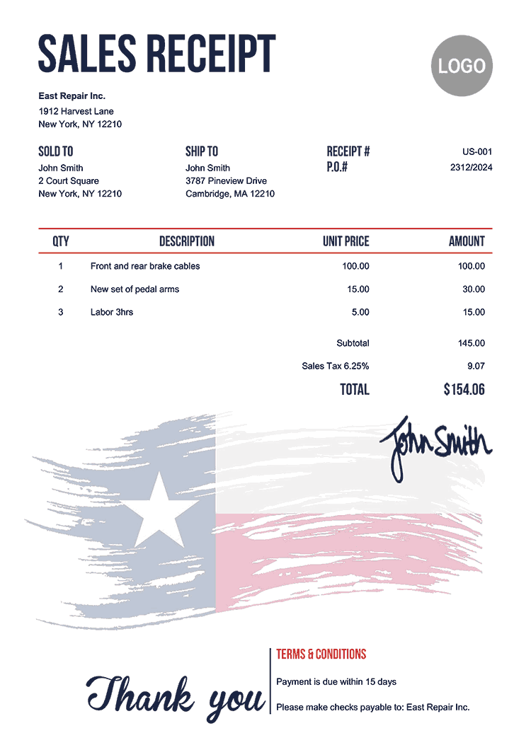 Sales Receipt Template Us Flag Of Texas 