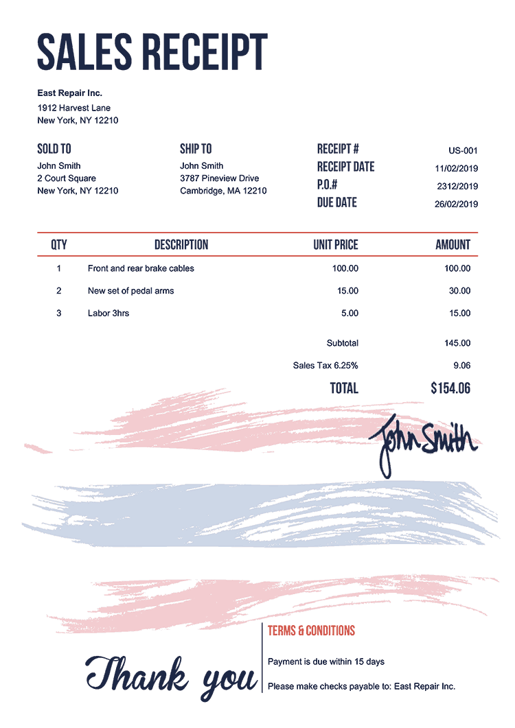Sales Receipt Template Us Flag Of Thailand 