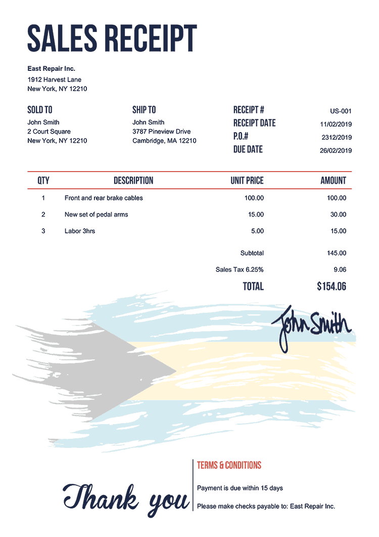 Sales Receipt Template Us Flag Of The Bahamas 