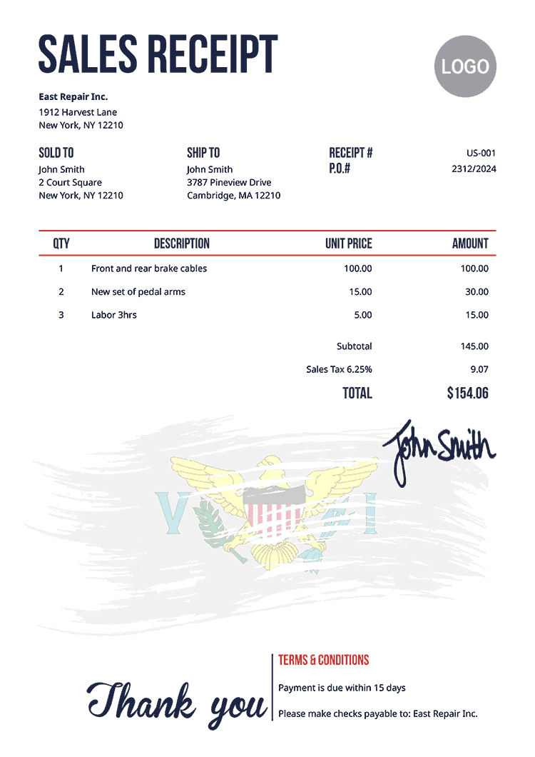 Sales Receipt Template Us Flag Of Us Virgin Islands 