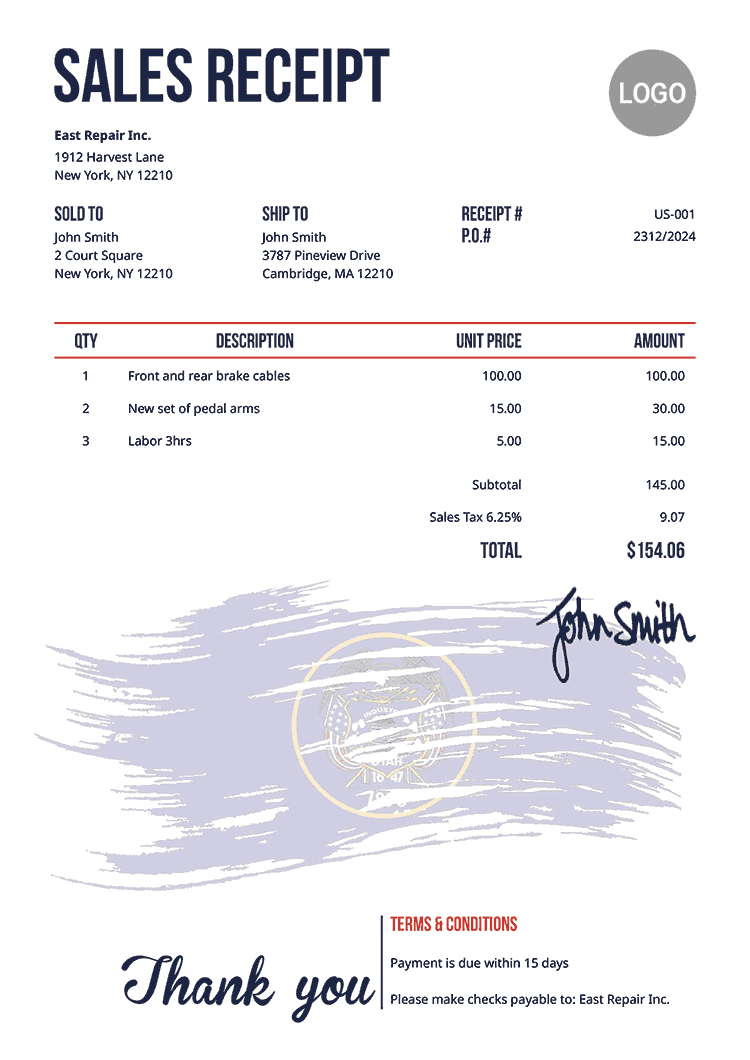 Sales Receipt Template Us Flag Of Utah 