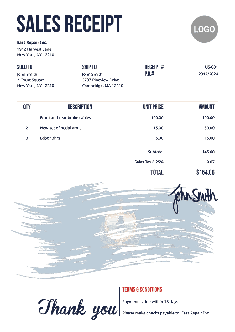 Sales Receipt Template Us Flag Of Vermont 