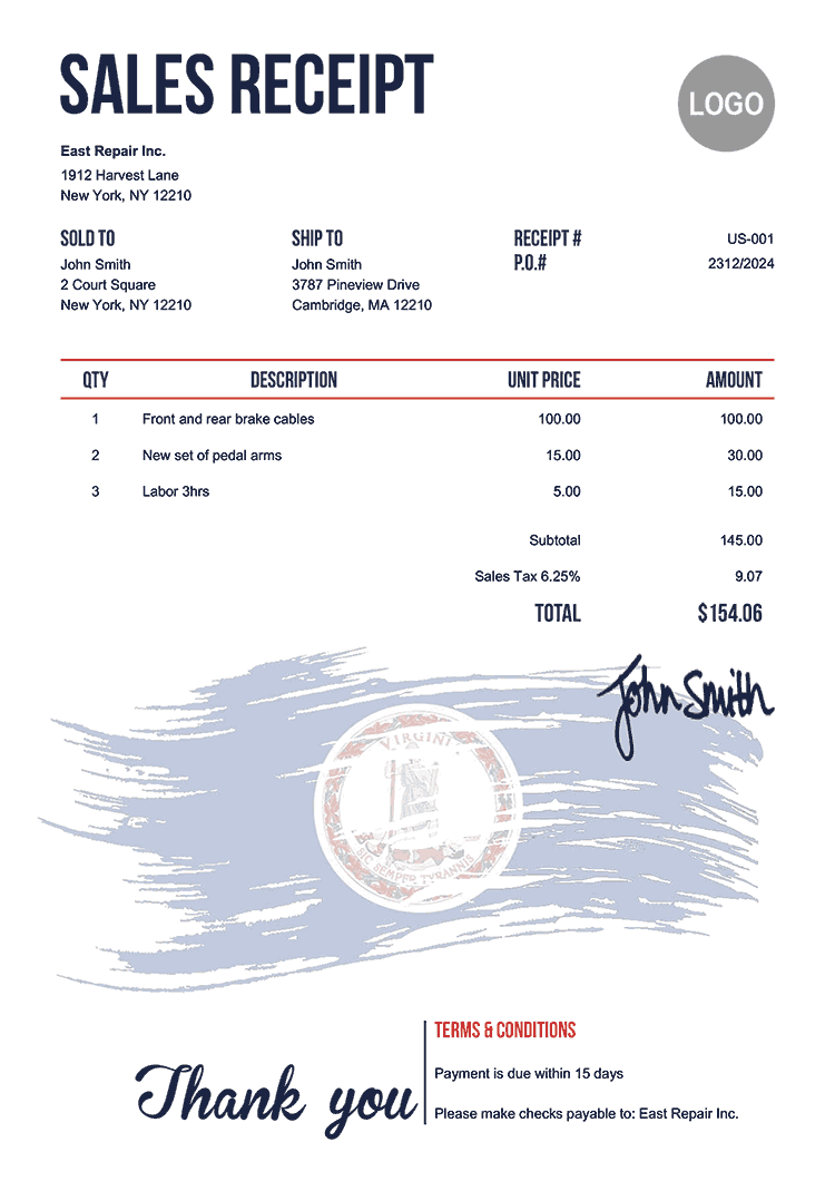 Sales Receipt Template Us Flag Of Virginia 