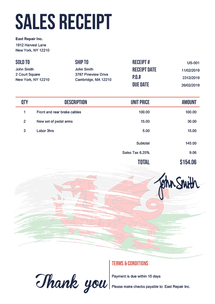 Sales Receipt Template Us Flag Of Wales 