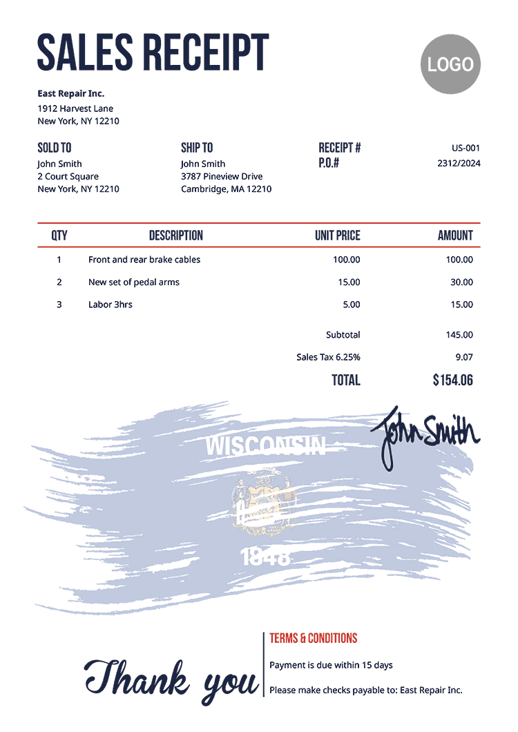 Sales Receipt Template Us Flag Of Wisconsin 