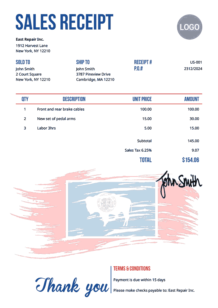 Sales Receipt Template Us Flag Of Wyoming 