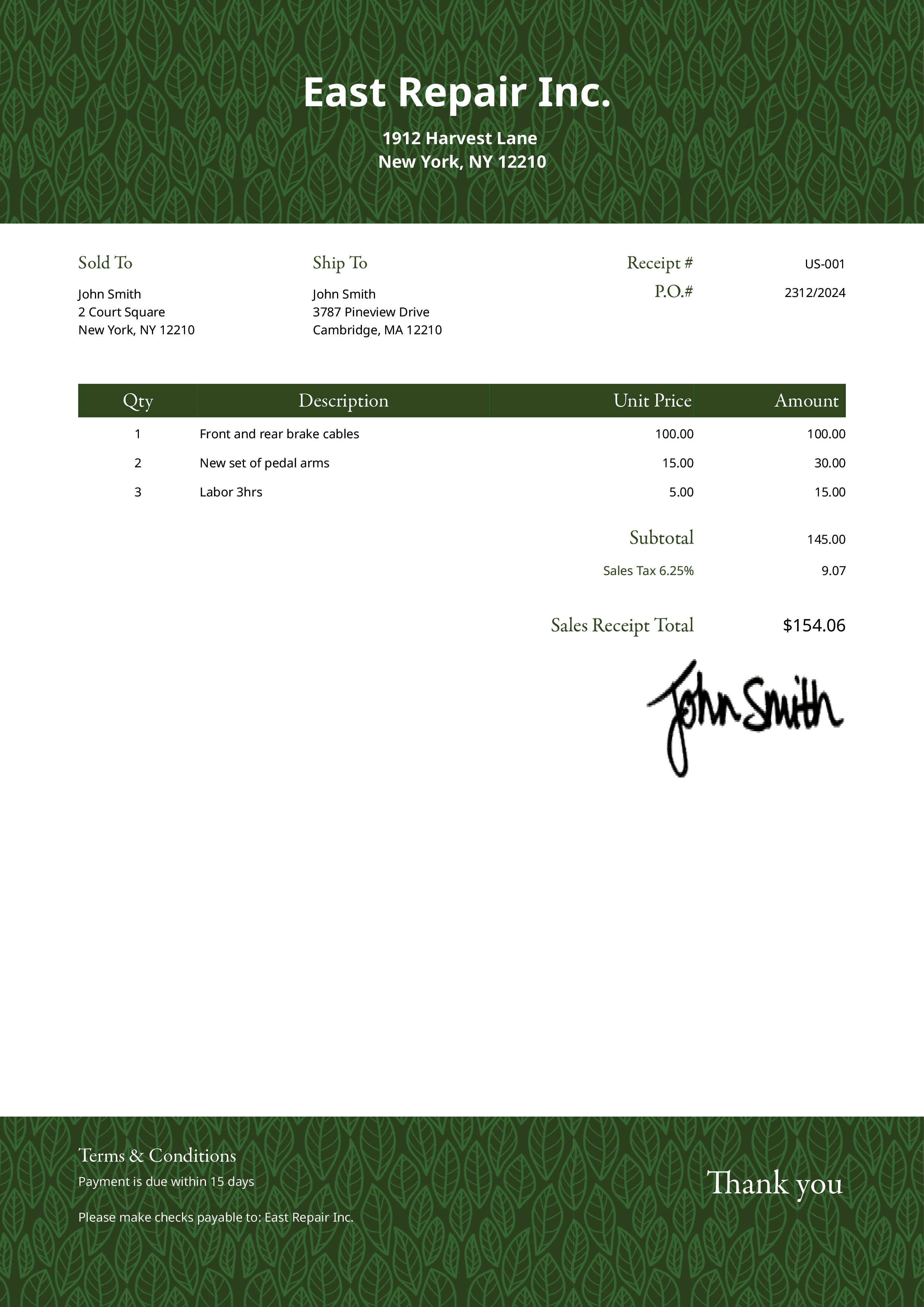 Sales Receipt Template Us Greenery Dark 