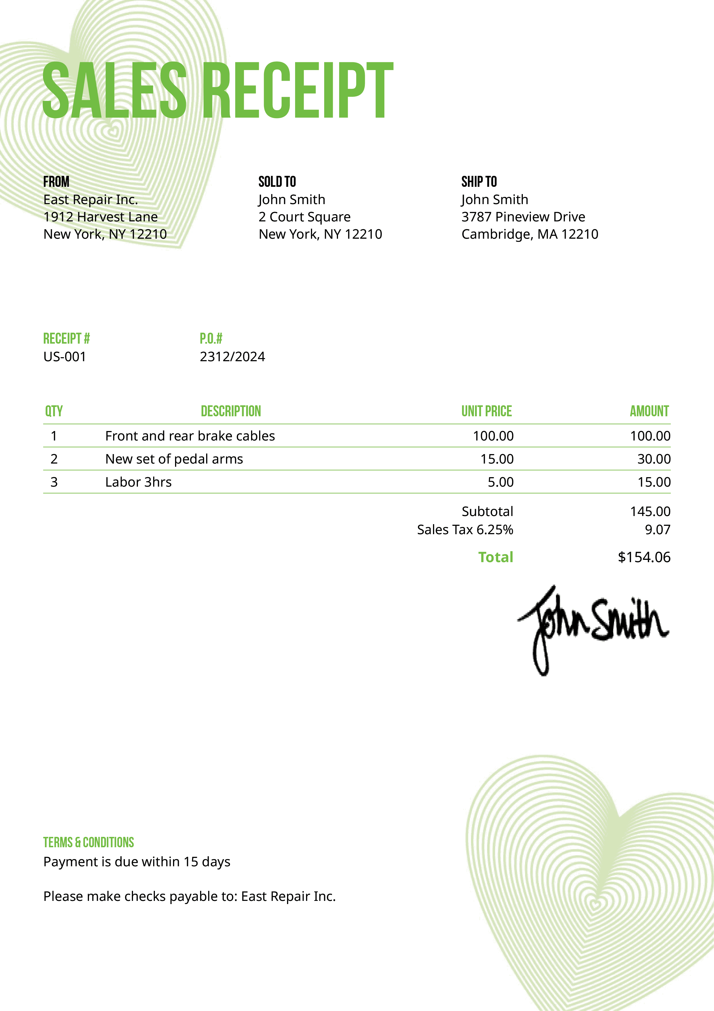 Sales Receipt Template Us Hearts Green 