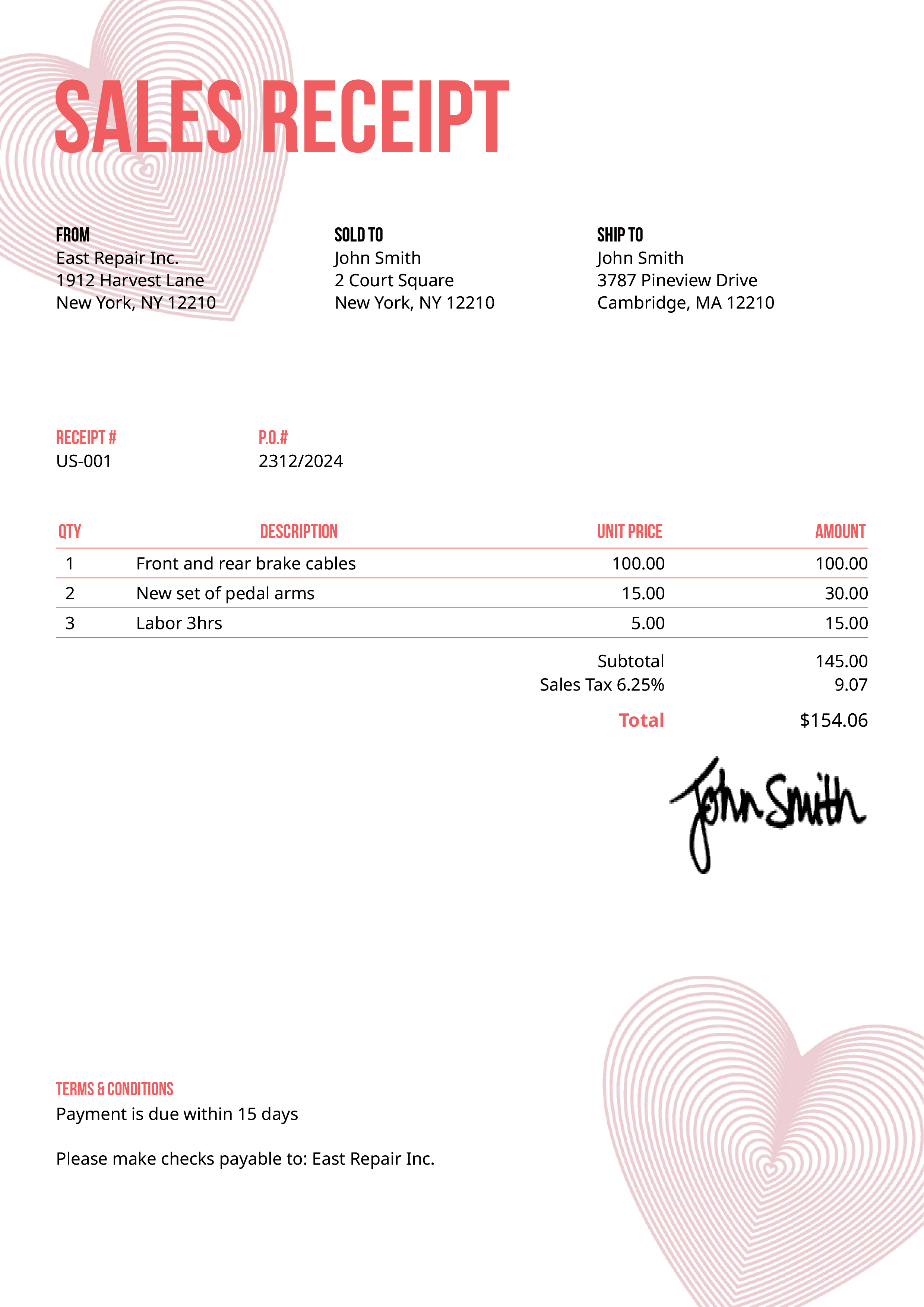 Sales Receipt Template Us Hearts Pink 