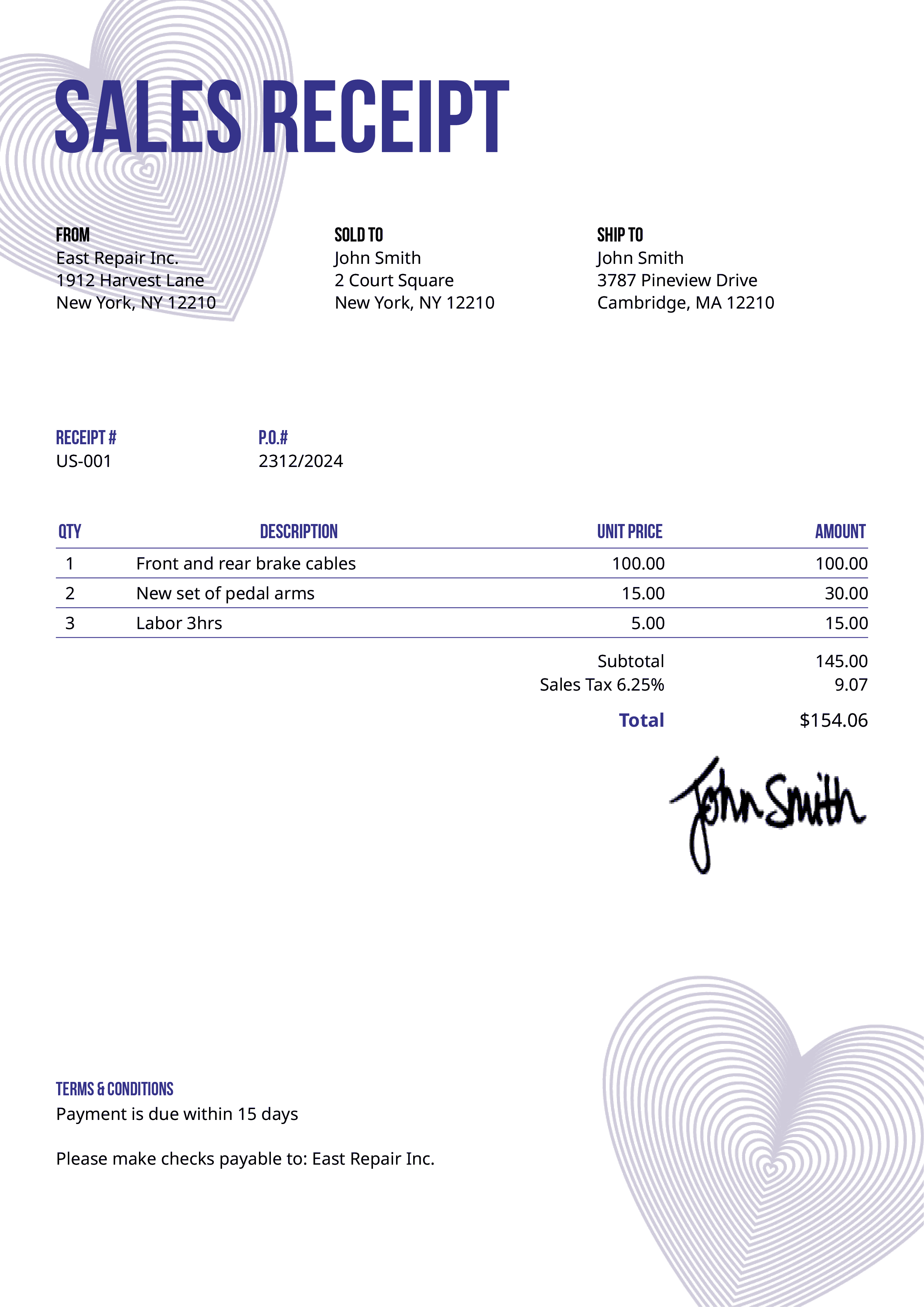 Sales Receipt Template Us Hearts Purple 