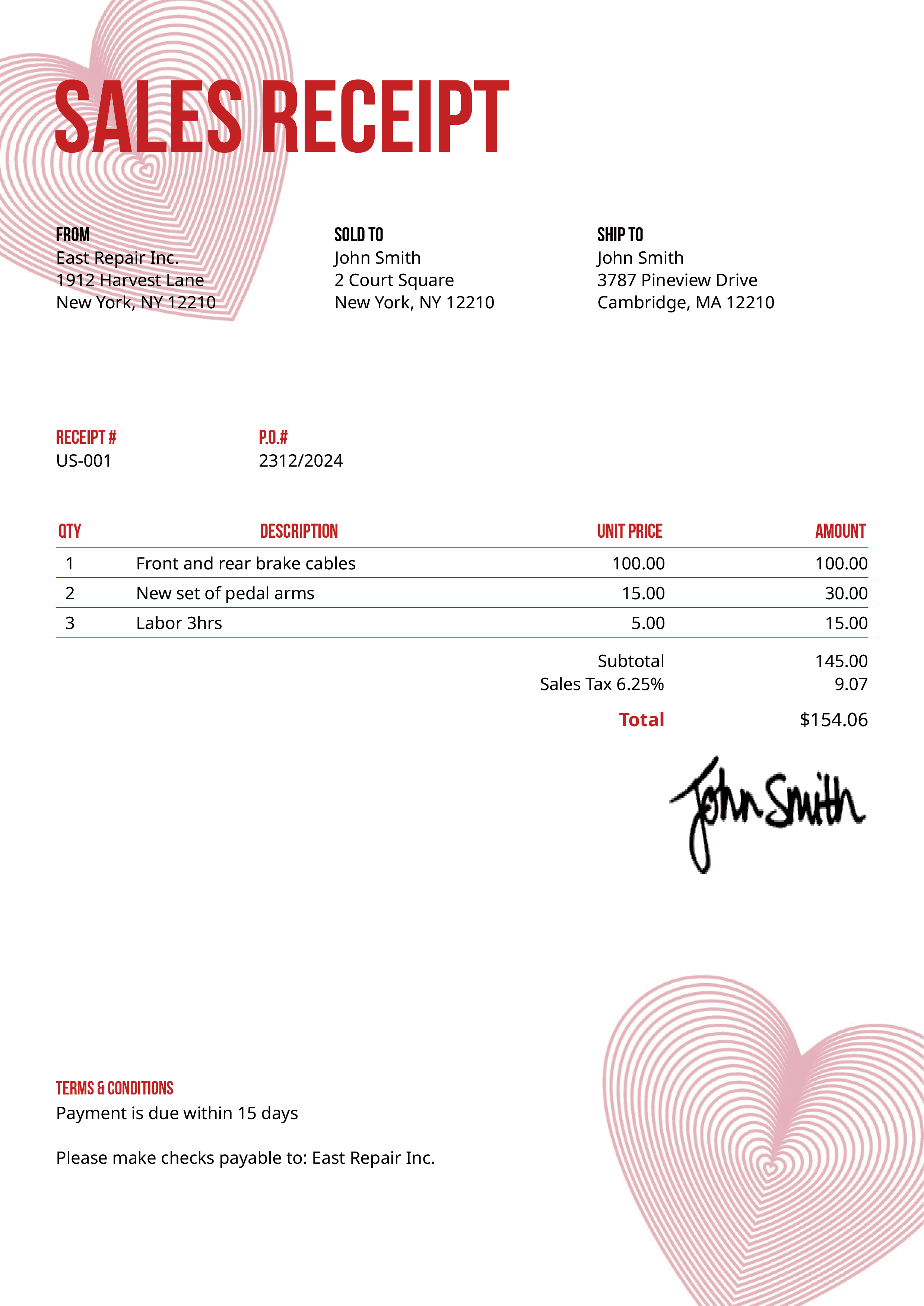 Sales Receipt Template Us Hearts Red 