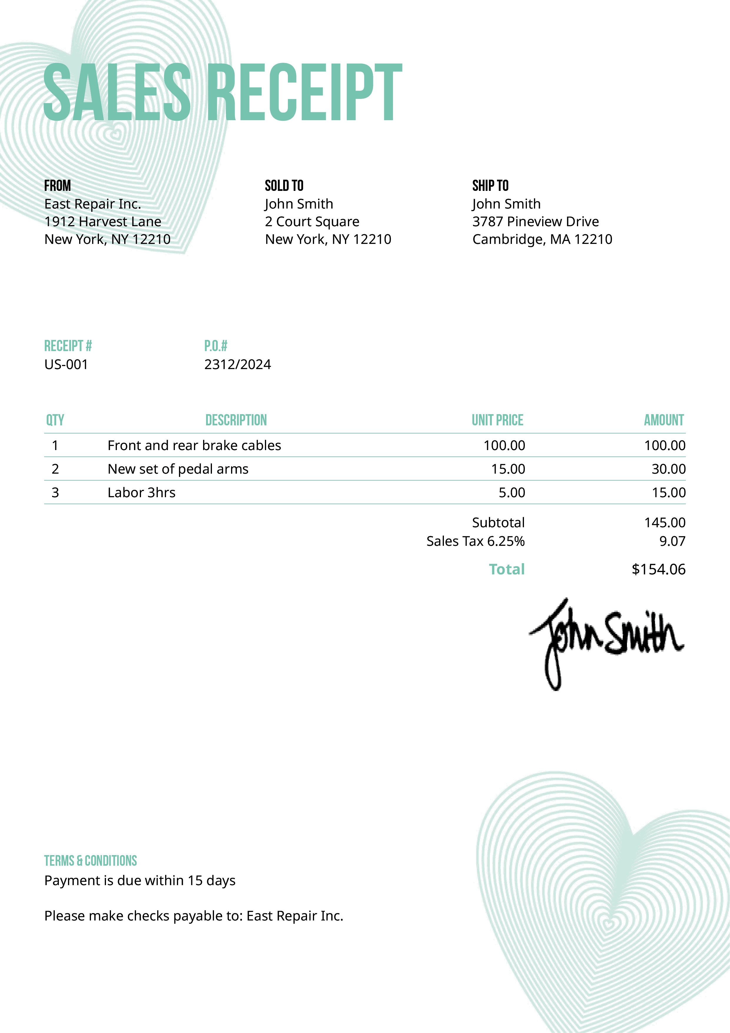 Sales Receipt Template Us Hearts Turquoise 