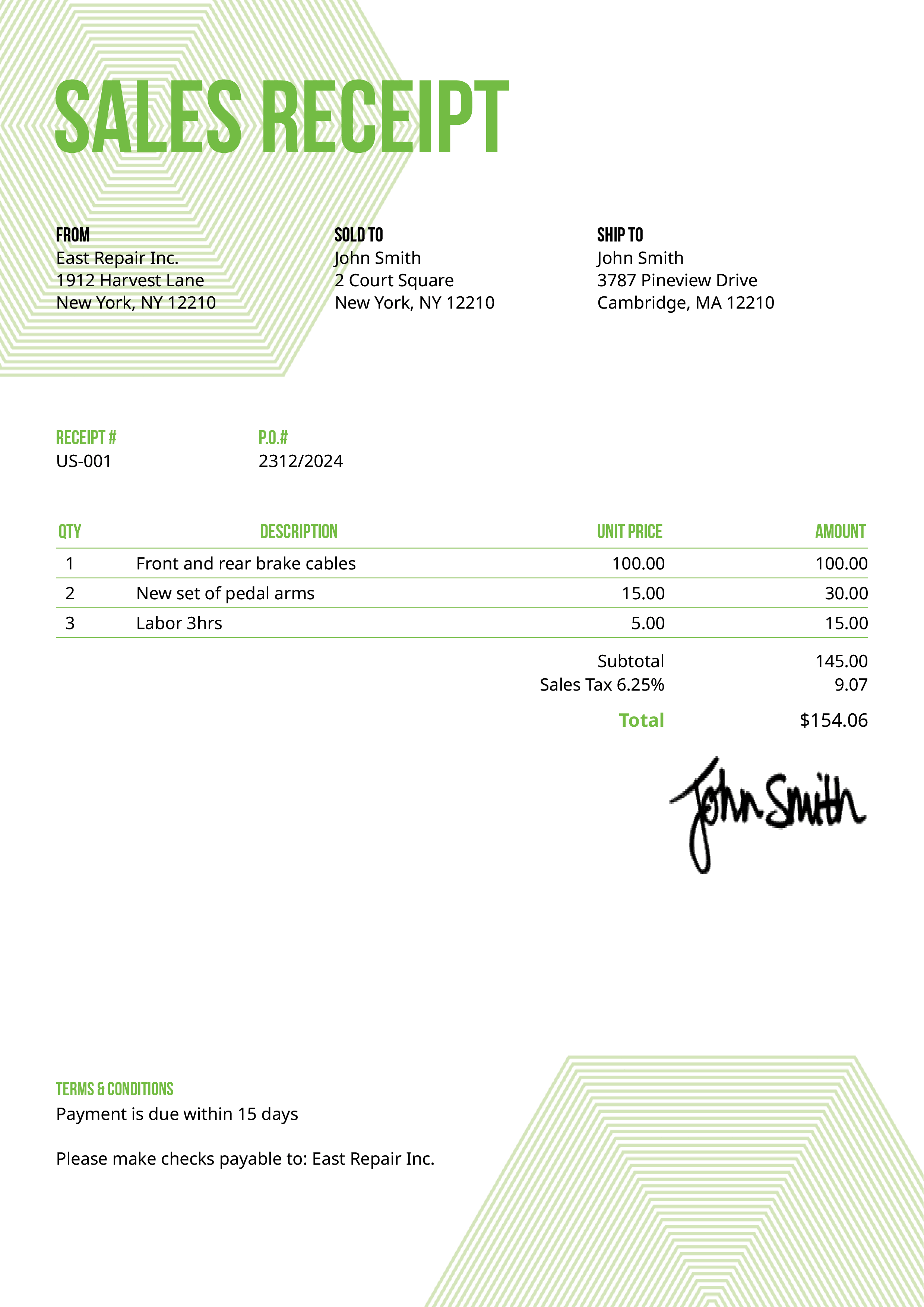 Sales Receipt Template Us Hexagons Green 