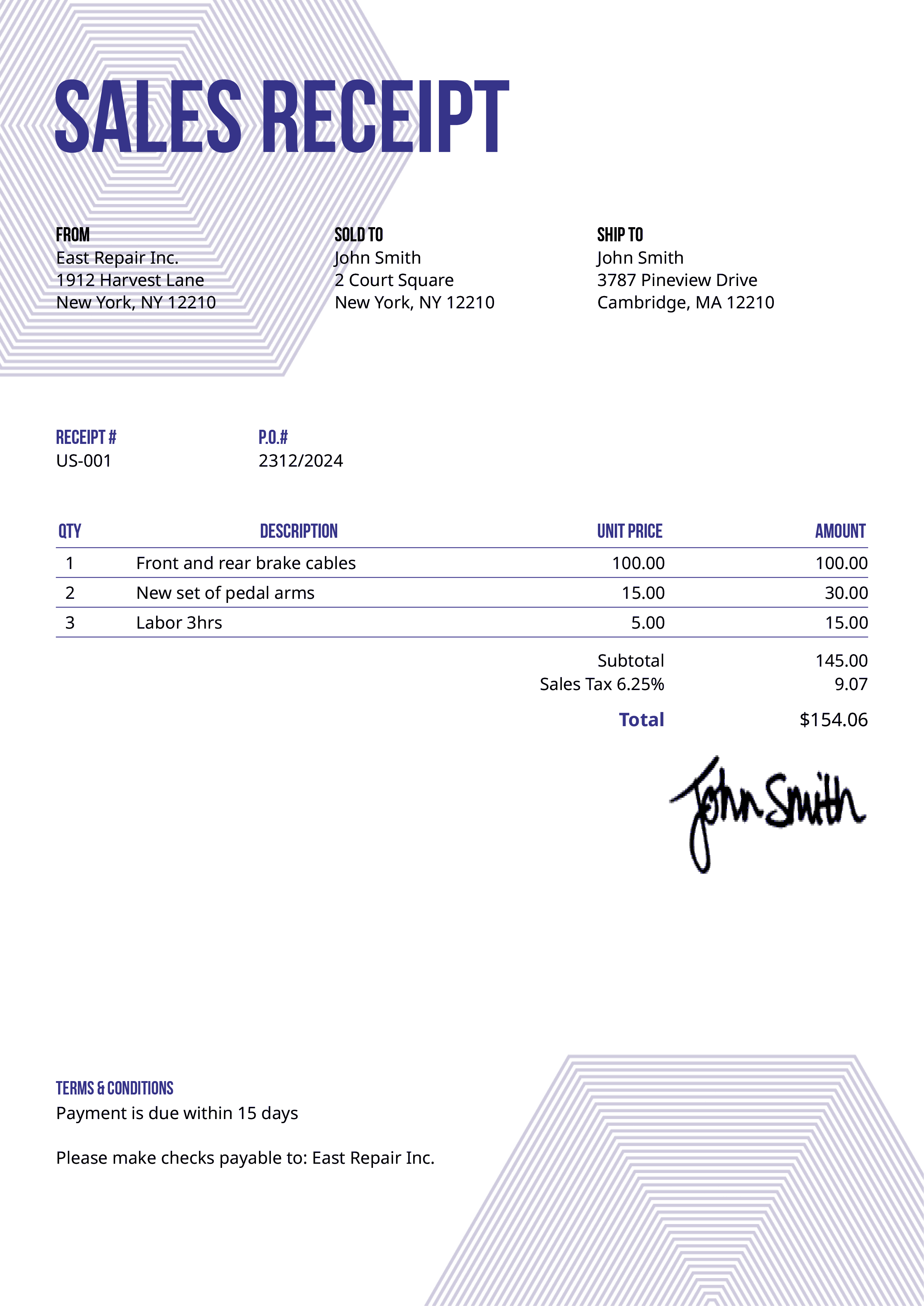 Sales Receipt Template Us Hexagons Purple 