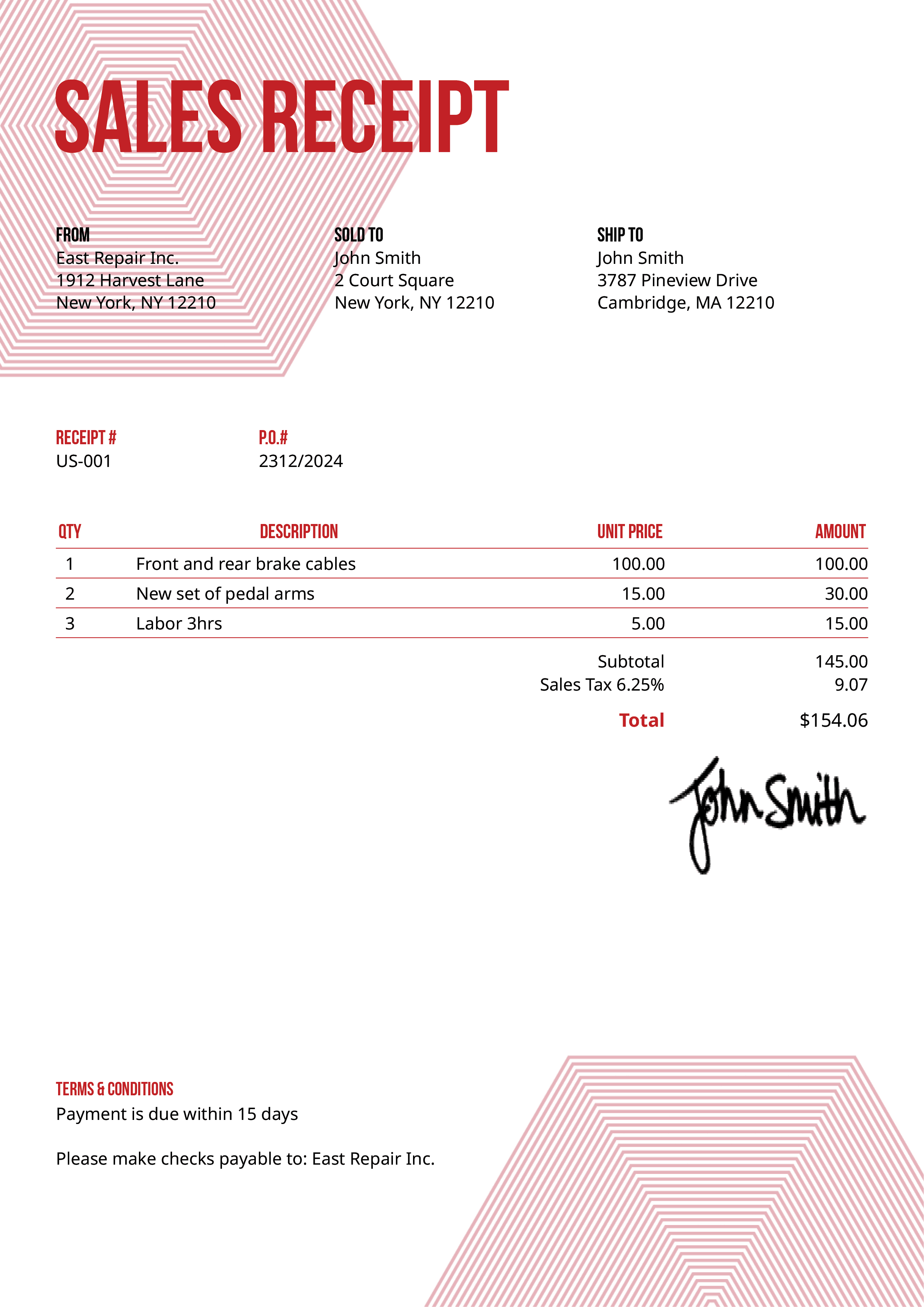 Sales Receipt Template Us Hexagons Red 