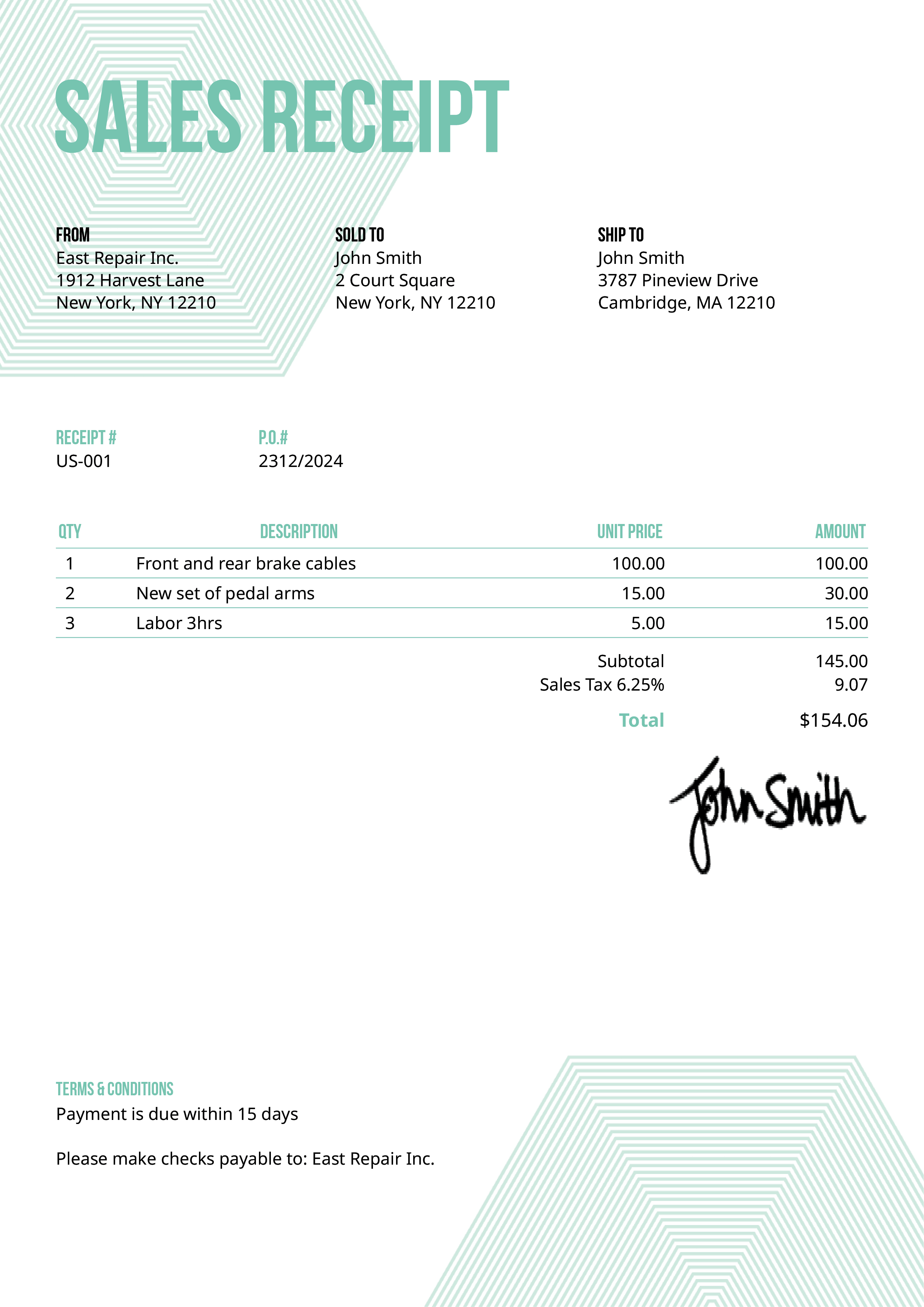 Sales Receipt Template Us Hexagons Turquoise 