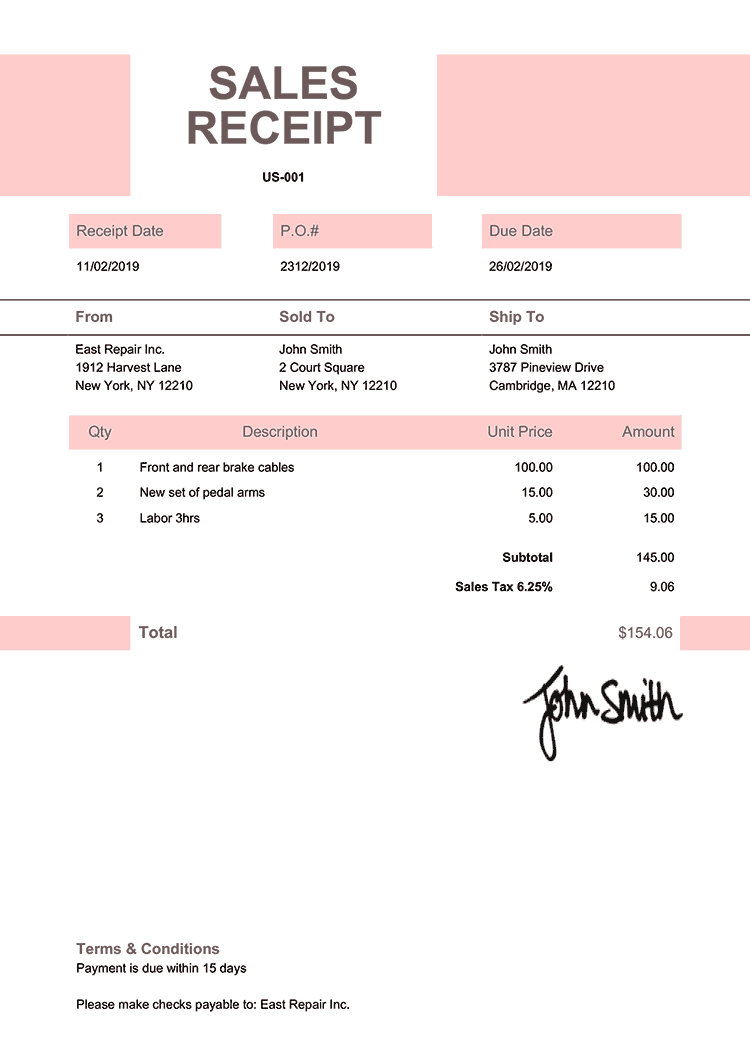 Sales Receipt Template Us Impact Pink 