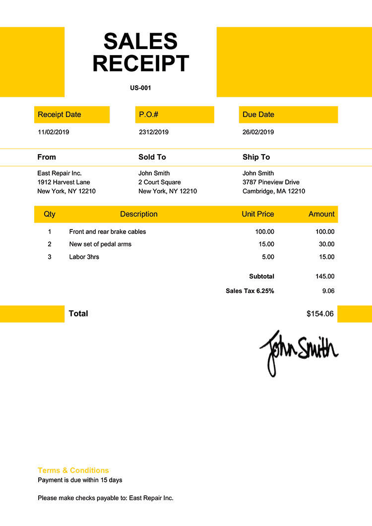 Sales Receipt Template Us Impact Yellow 