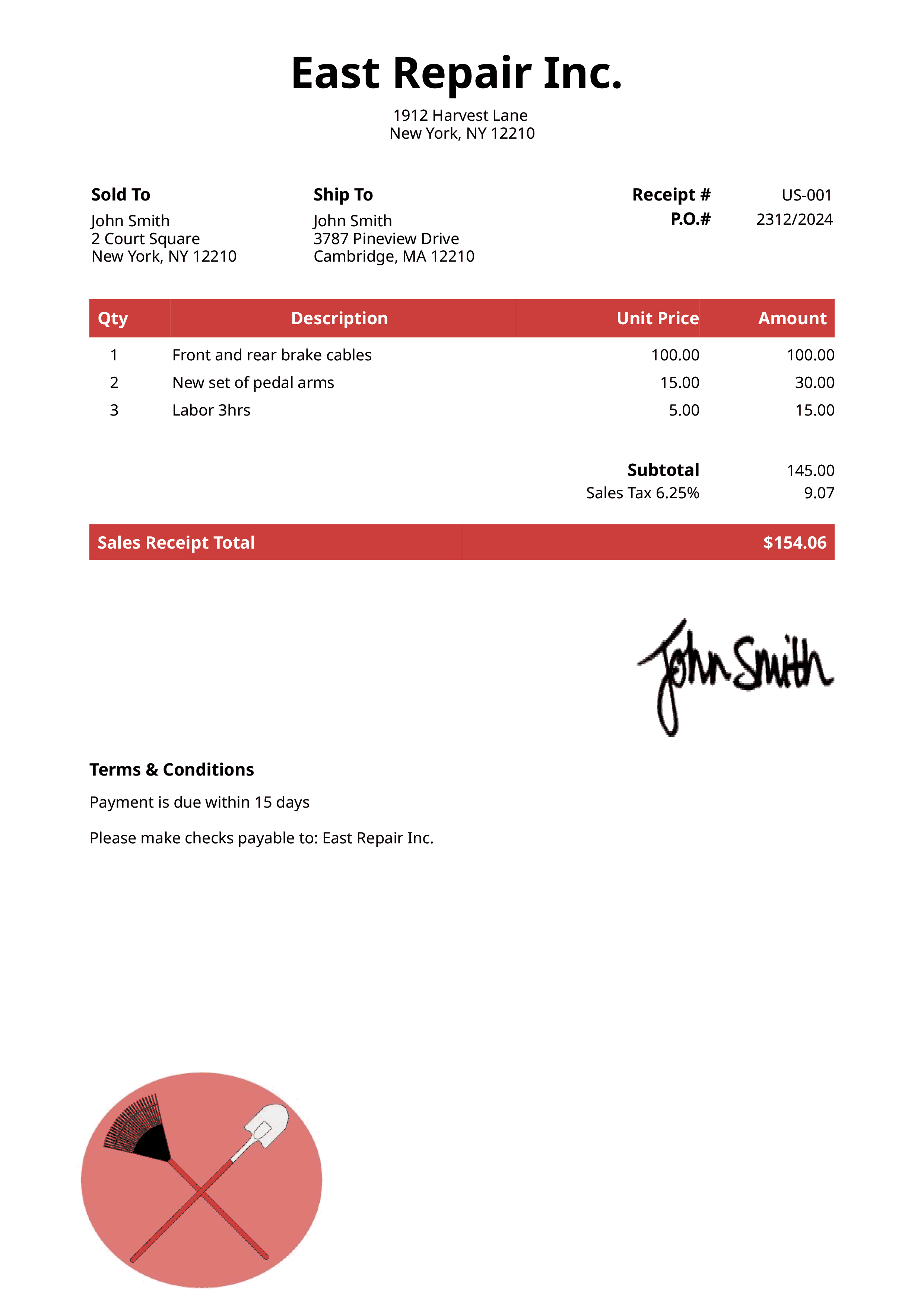 Sales Receipt Template Us Landscaper Red 