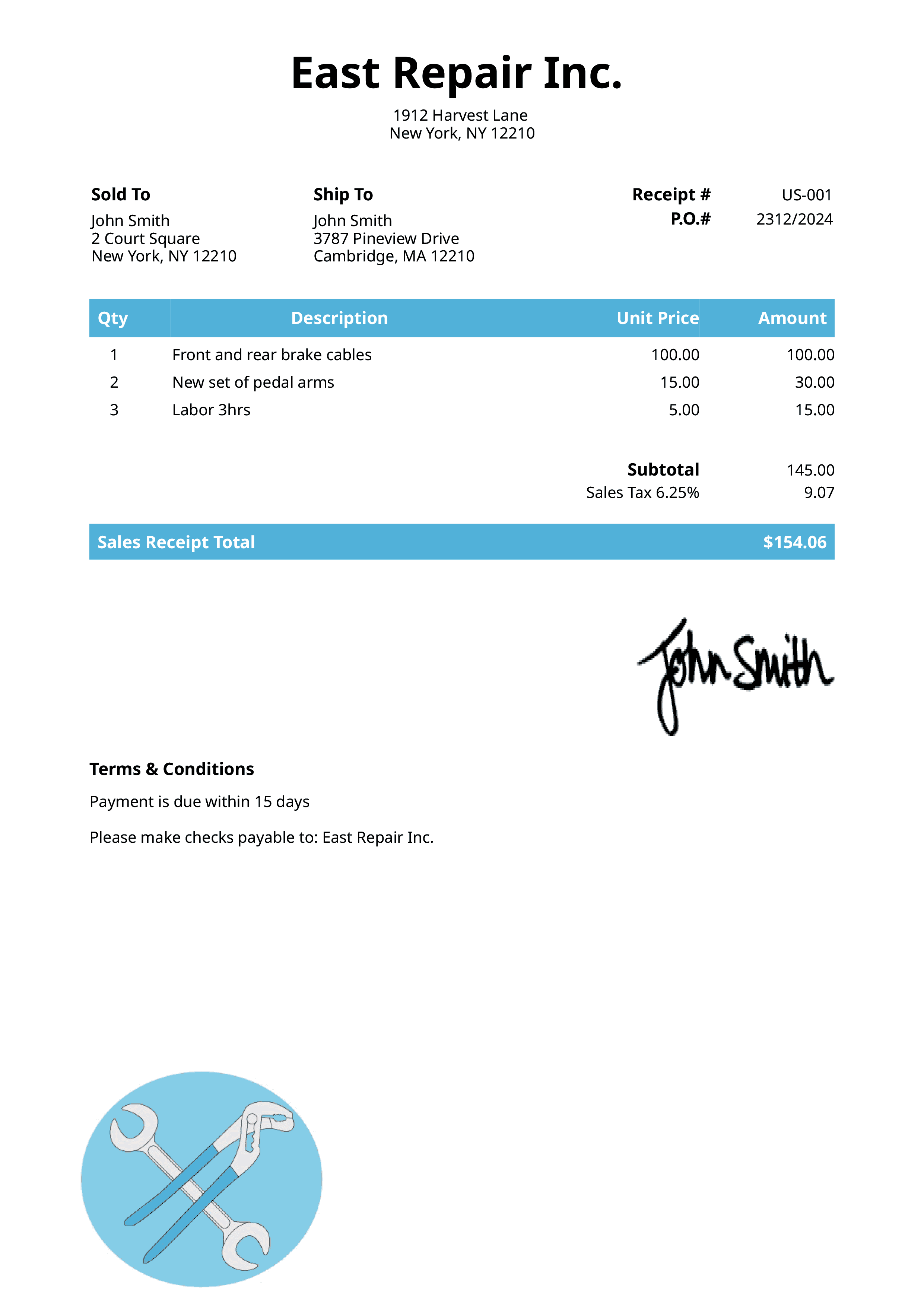 Sales Receipt Template Us Mechanic Light Blue 