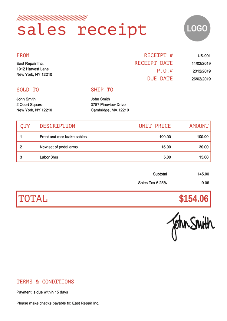 Sales Receipt Template Us Mono Red 