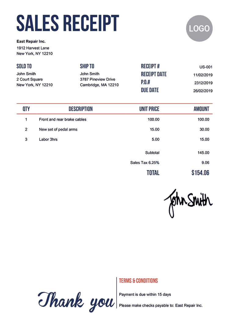 Sales Receipt Template Us Neat 