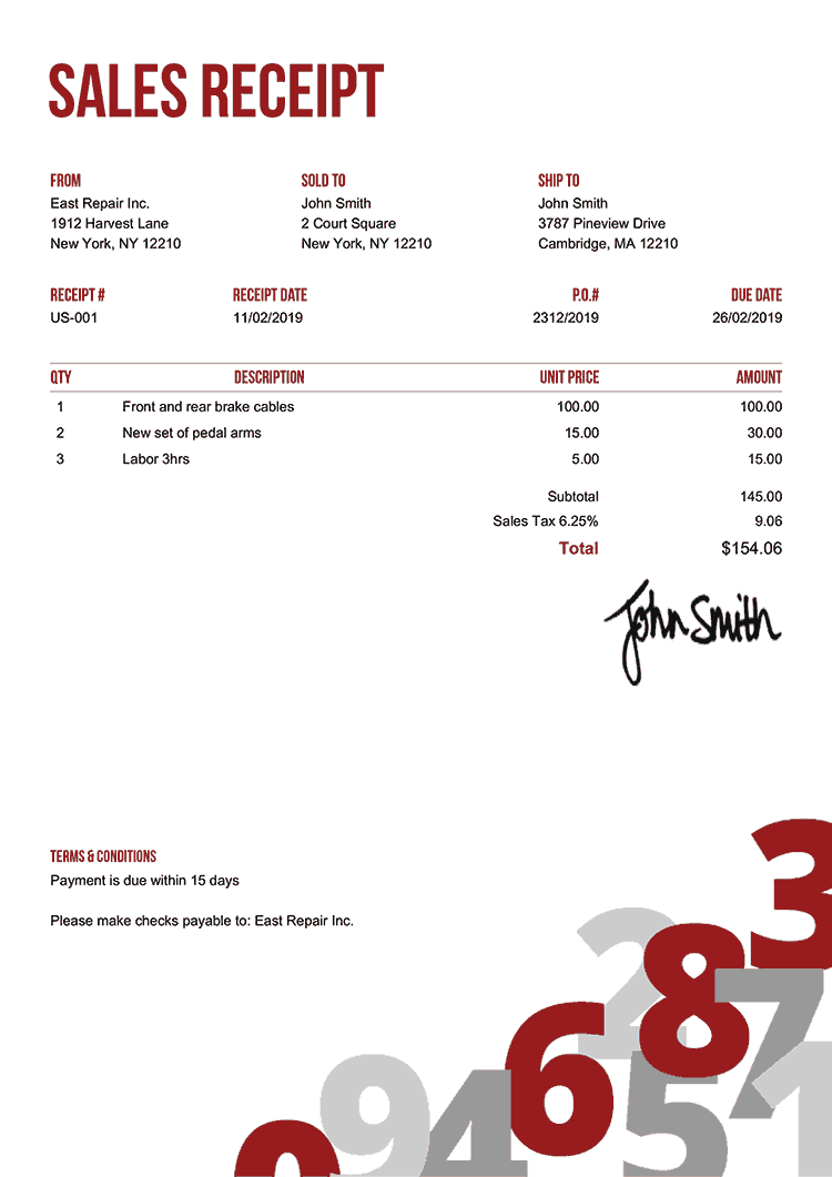Sales Receipt Template Us Numbers Red 