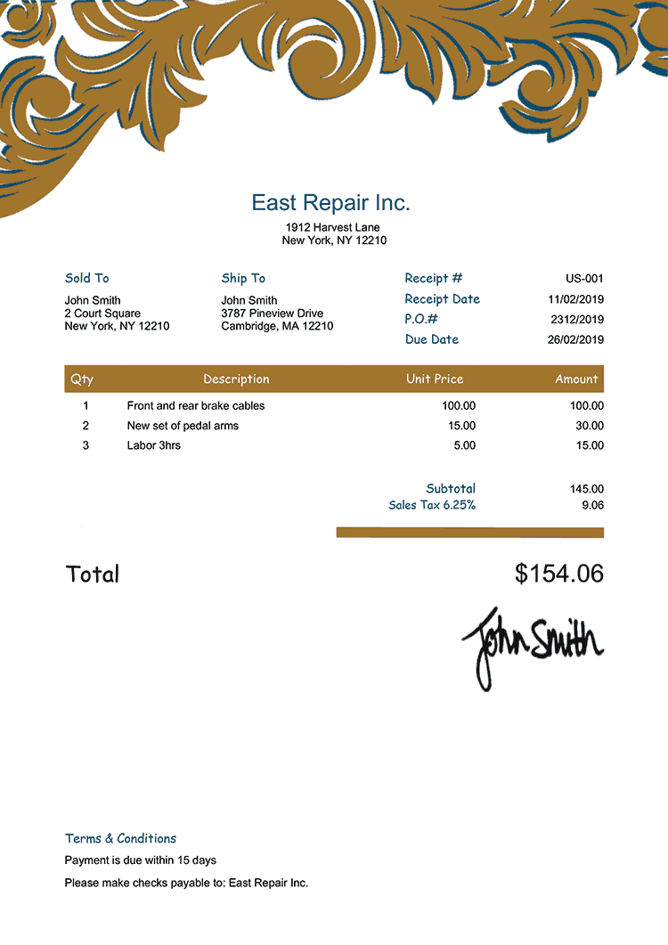 Sales Receipt Template Us Ornate Gold 