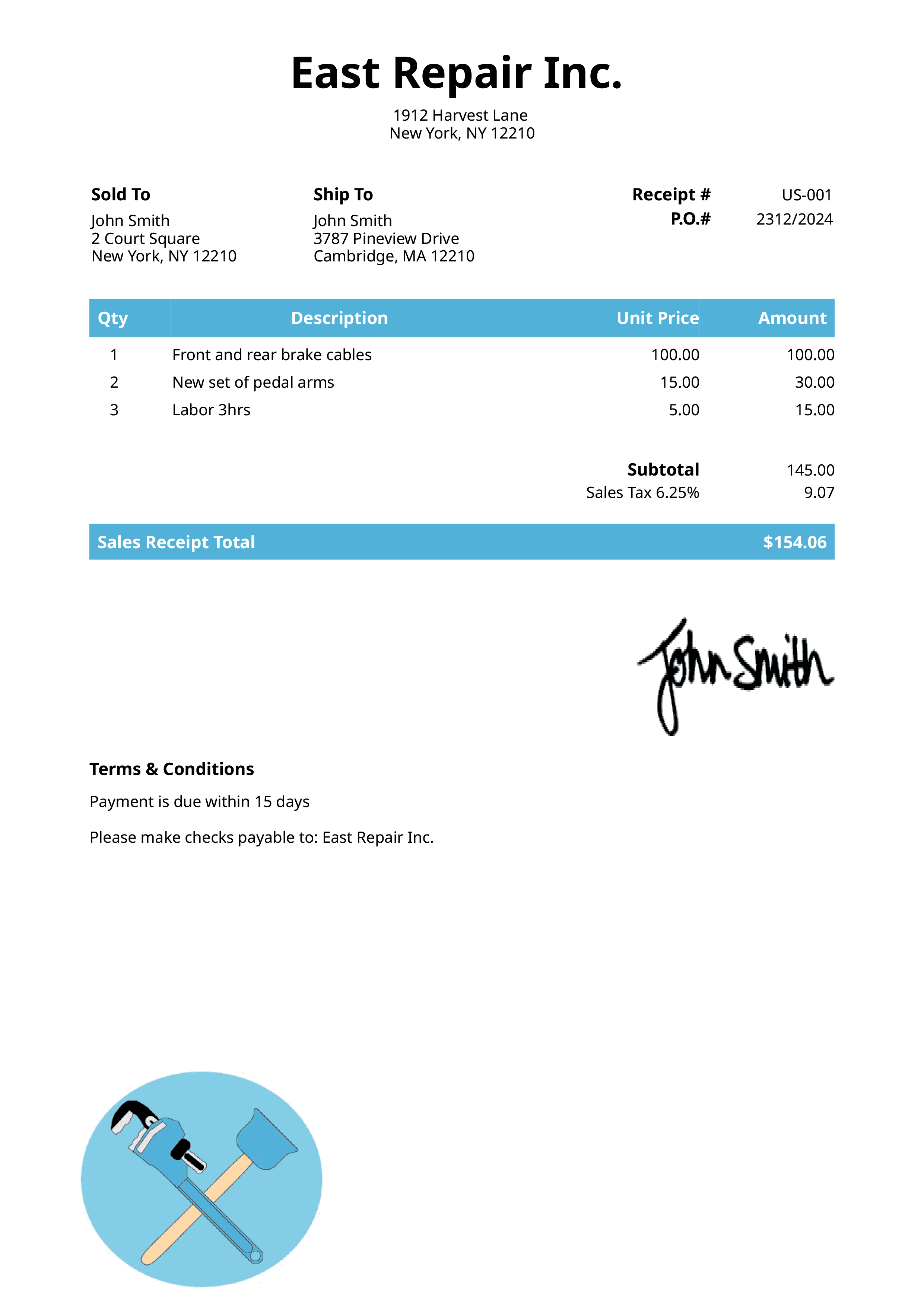 Sales Receipt Template Us Plumber Light Blue 