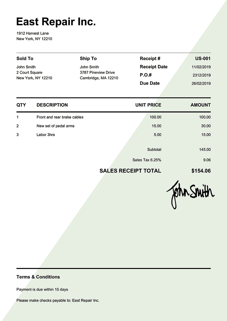 Sales Receipt Template Us Pure Green 