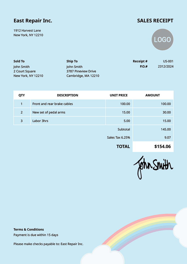 Sales Receipt Template Us Rainbow Clouds 