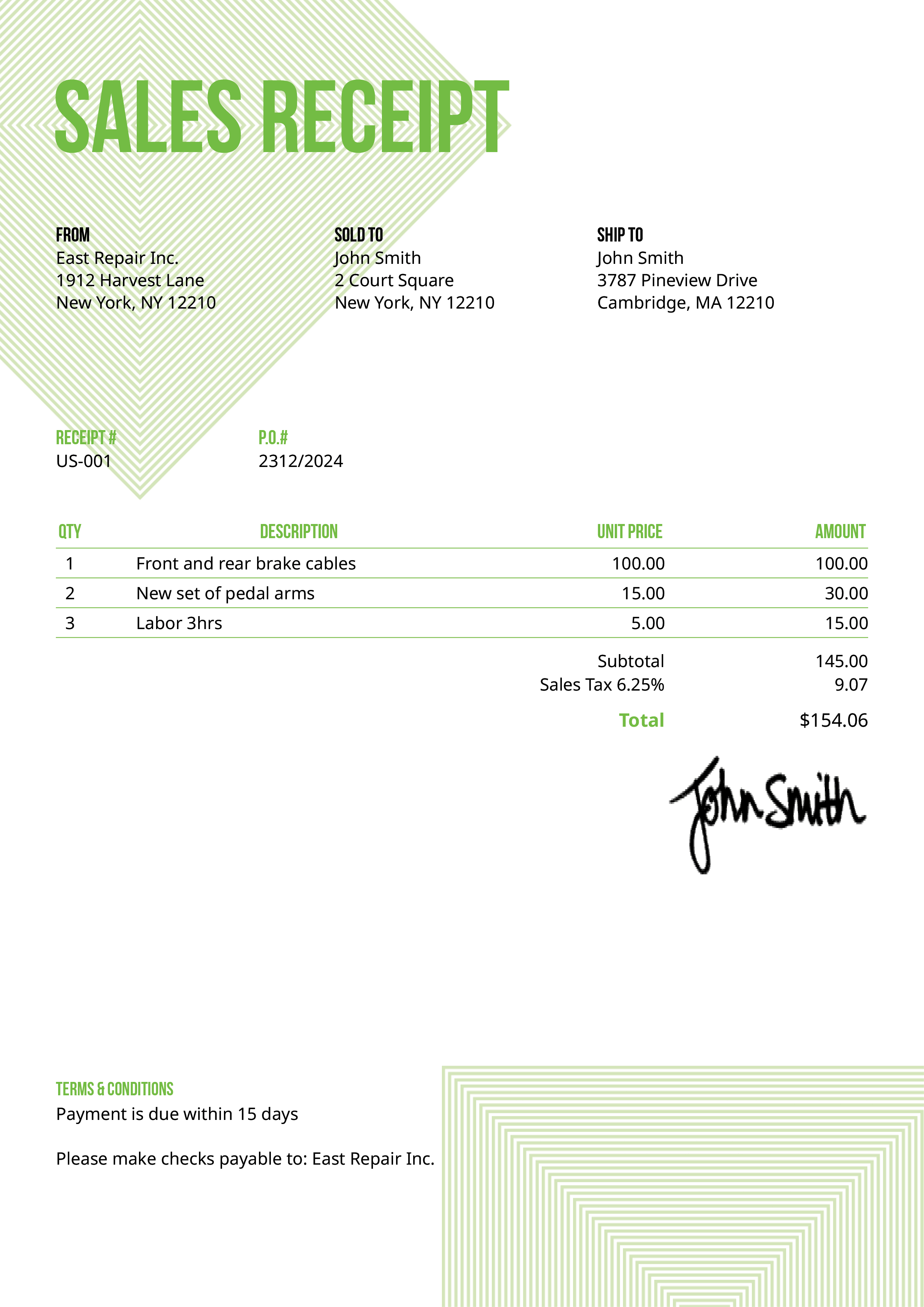 Sales Receipt Template Us Squares Green 