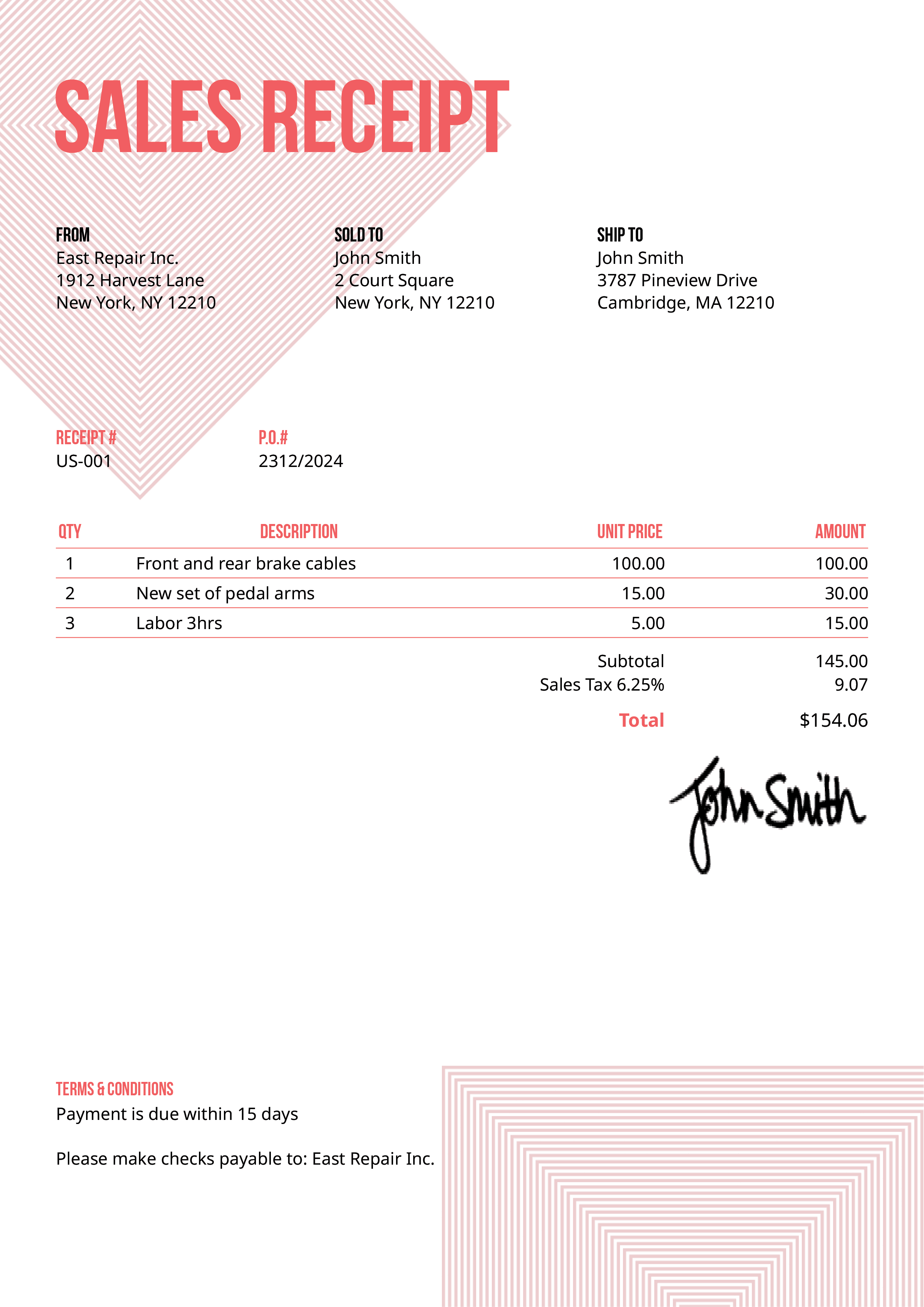 Sales Receipt Template Us Squares Pink 
