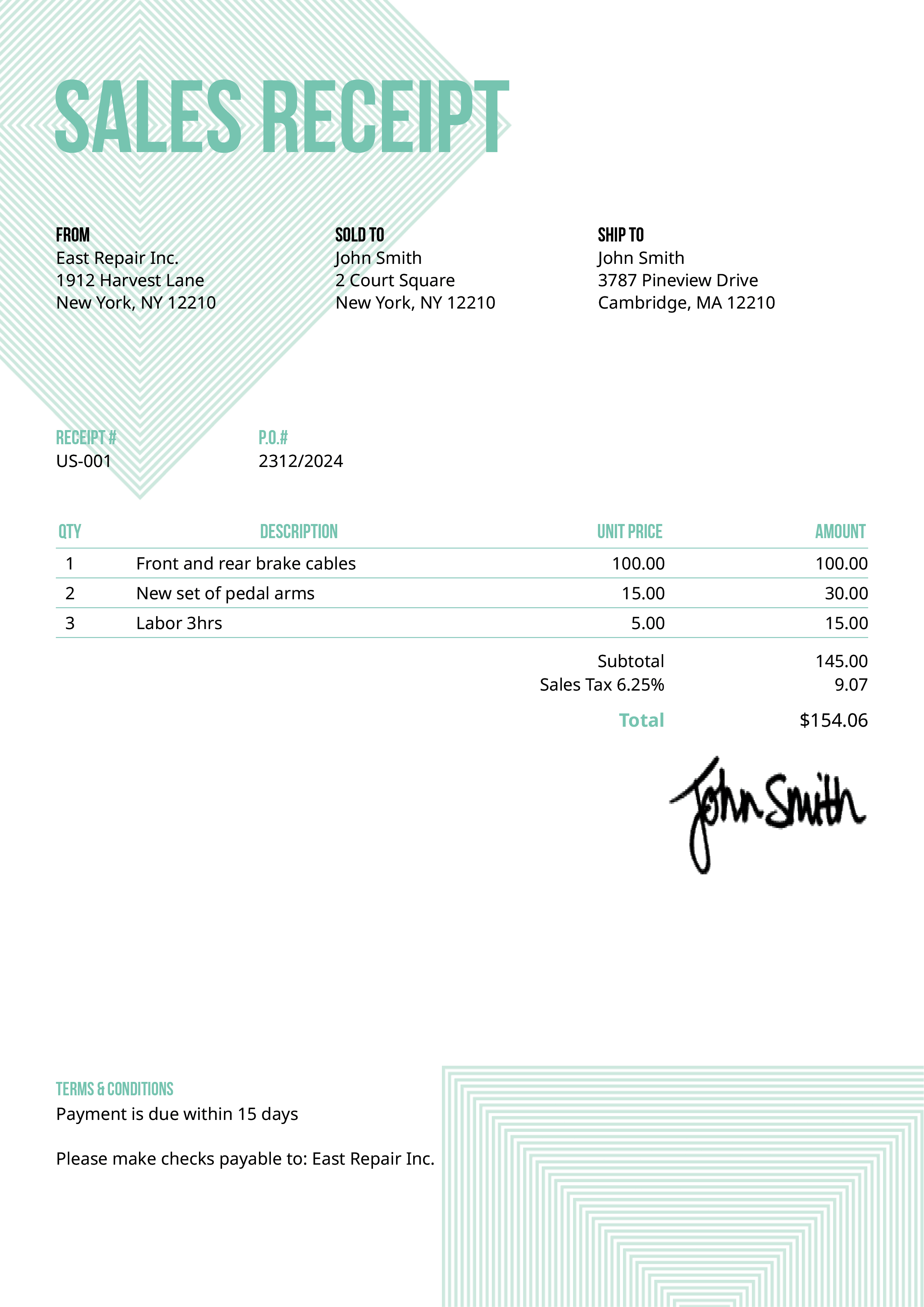 Sales Receipt Template Us Squares Turquoise 