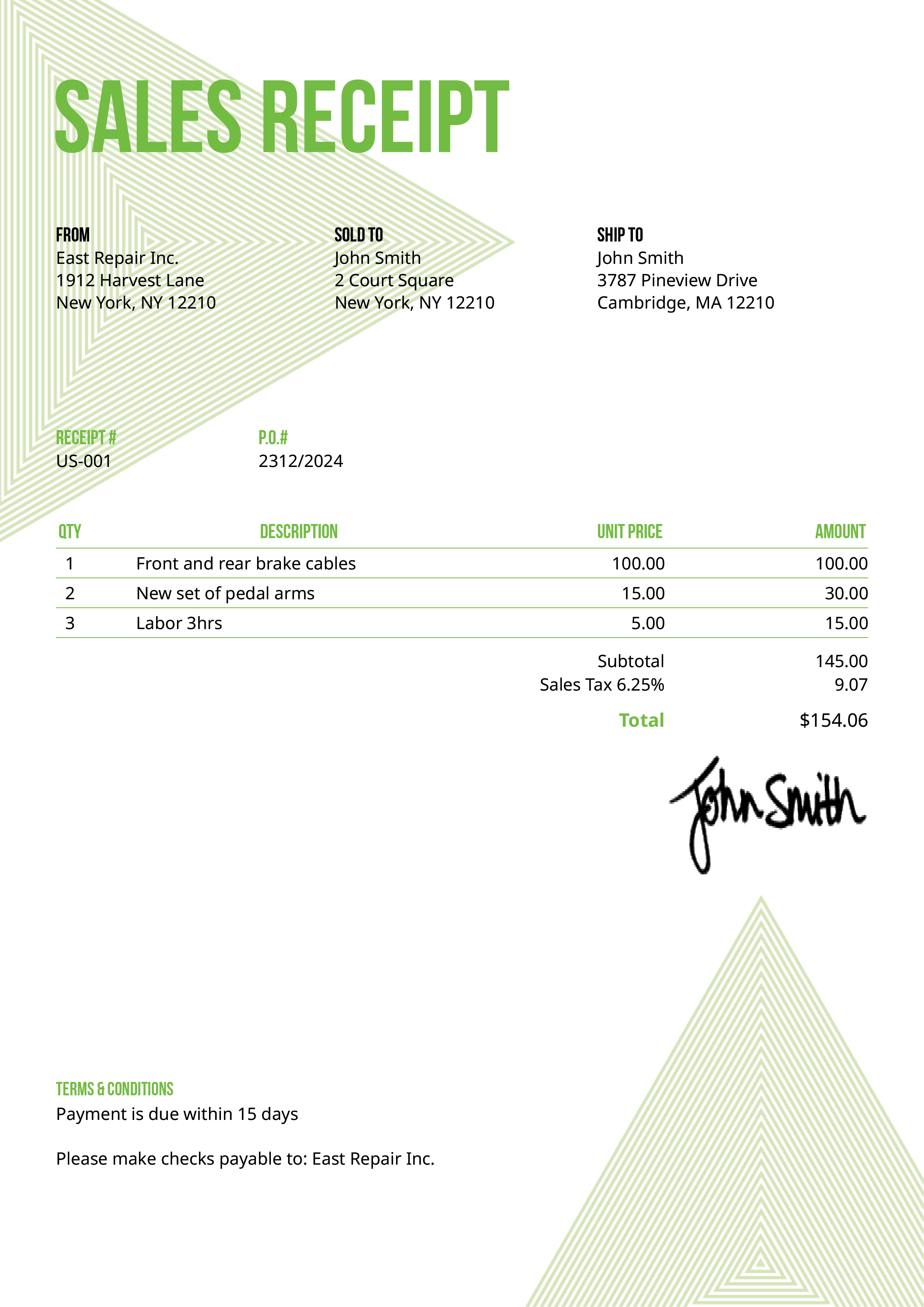 Sales Receipt Template Us Triangles Green 