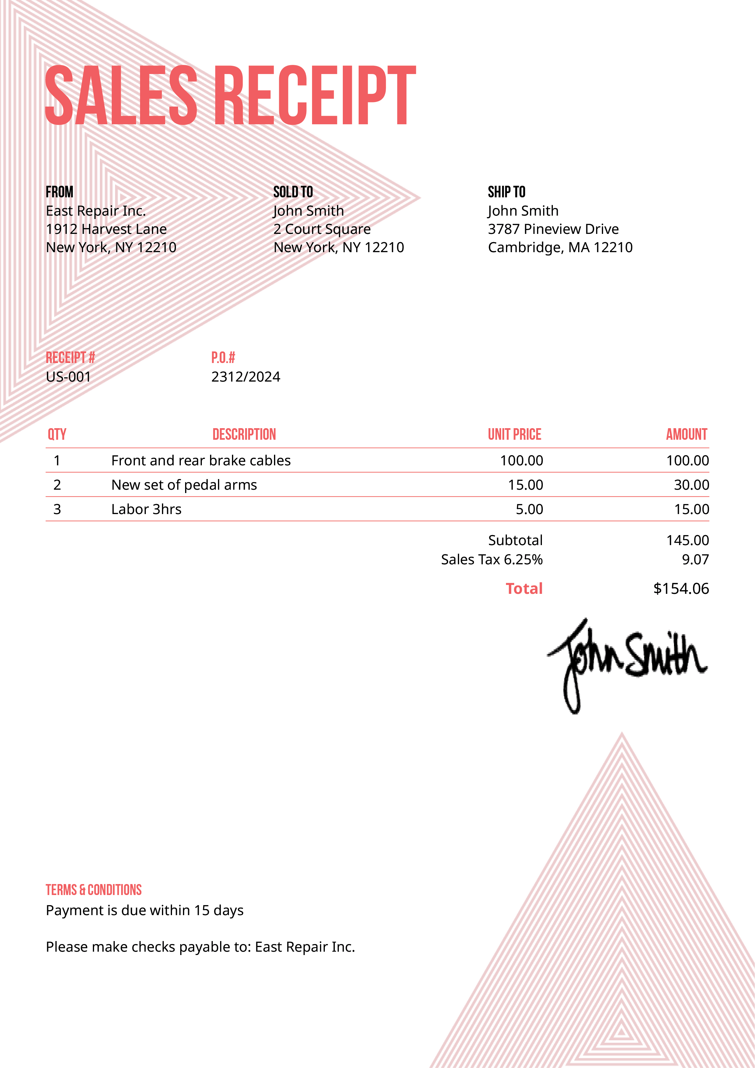 Sales Receipt Template Us Triangles Pink 