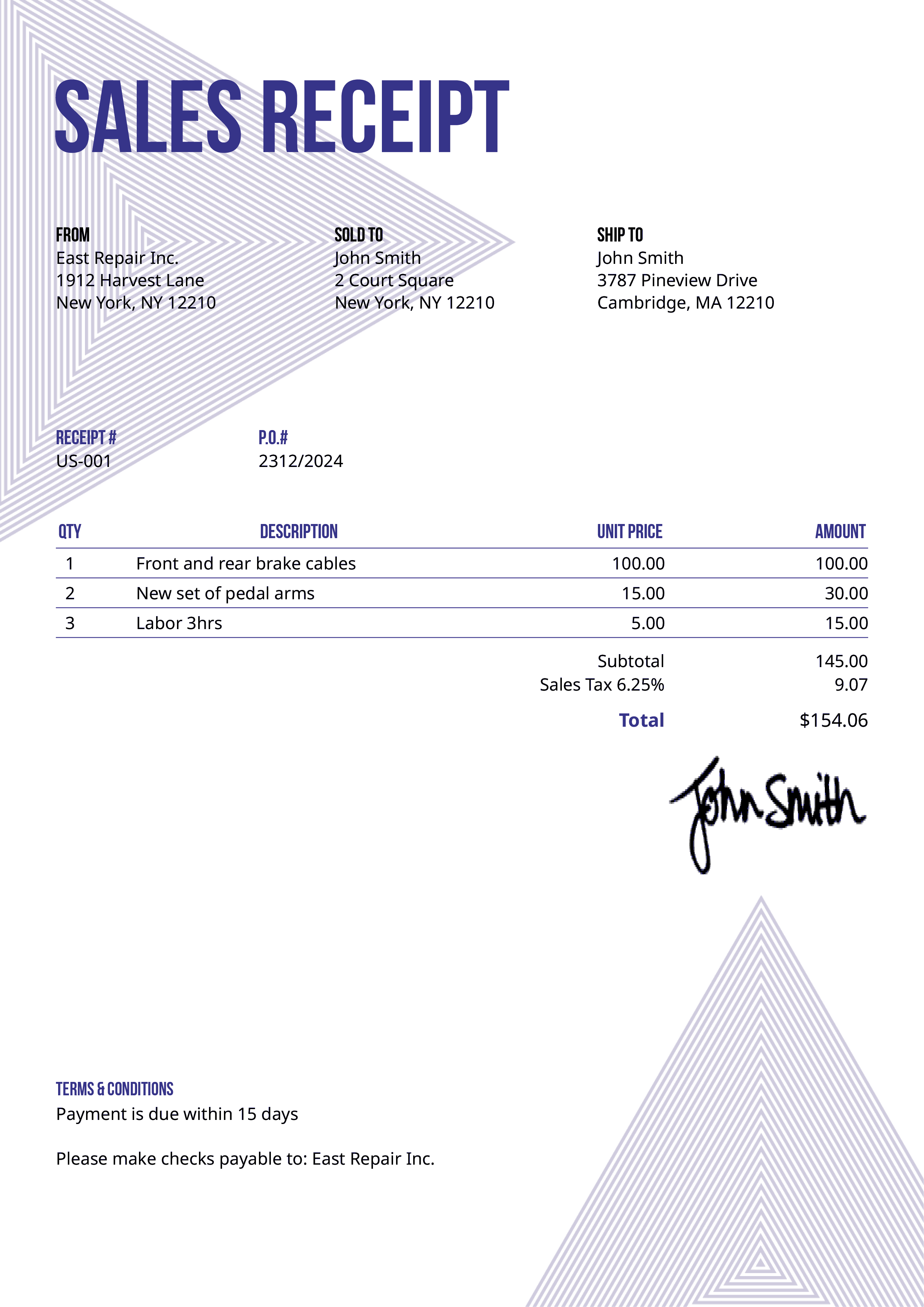 Sales Receipt Template Us Triangles Purple 
