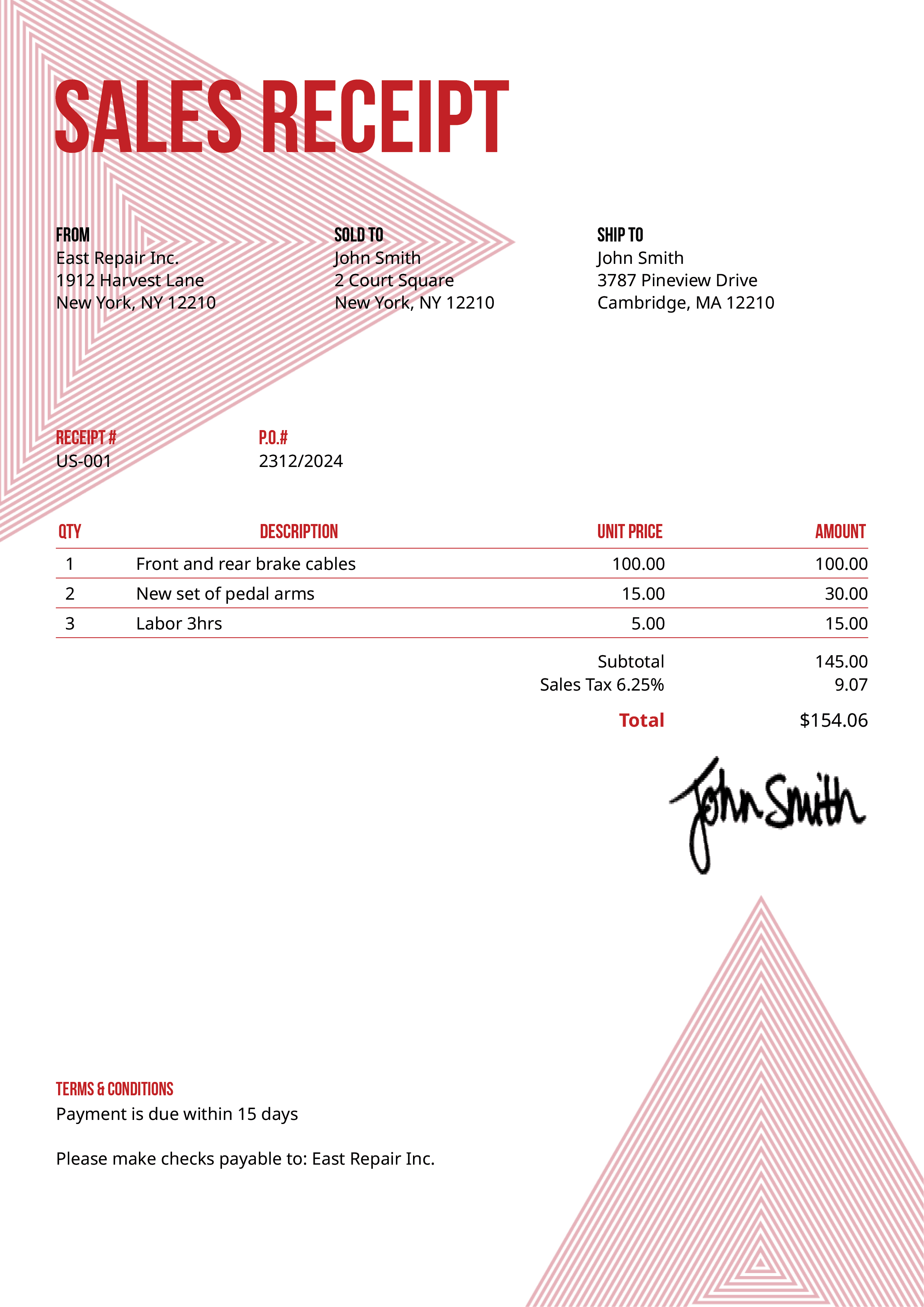 Sales Receipt Template Us Triangles Red 