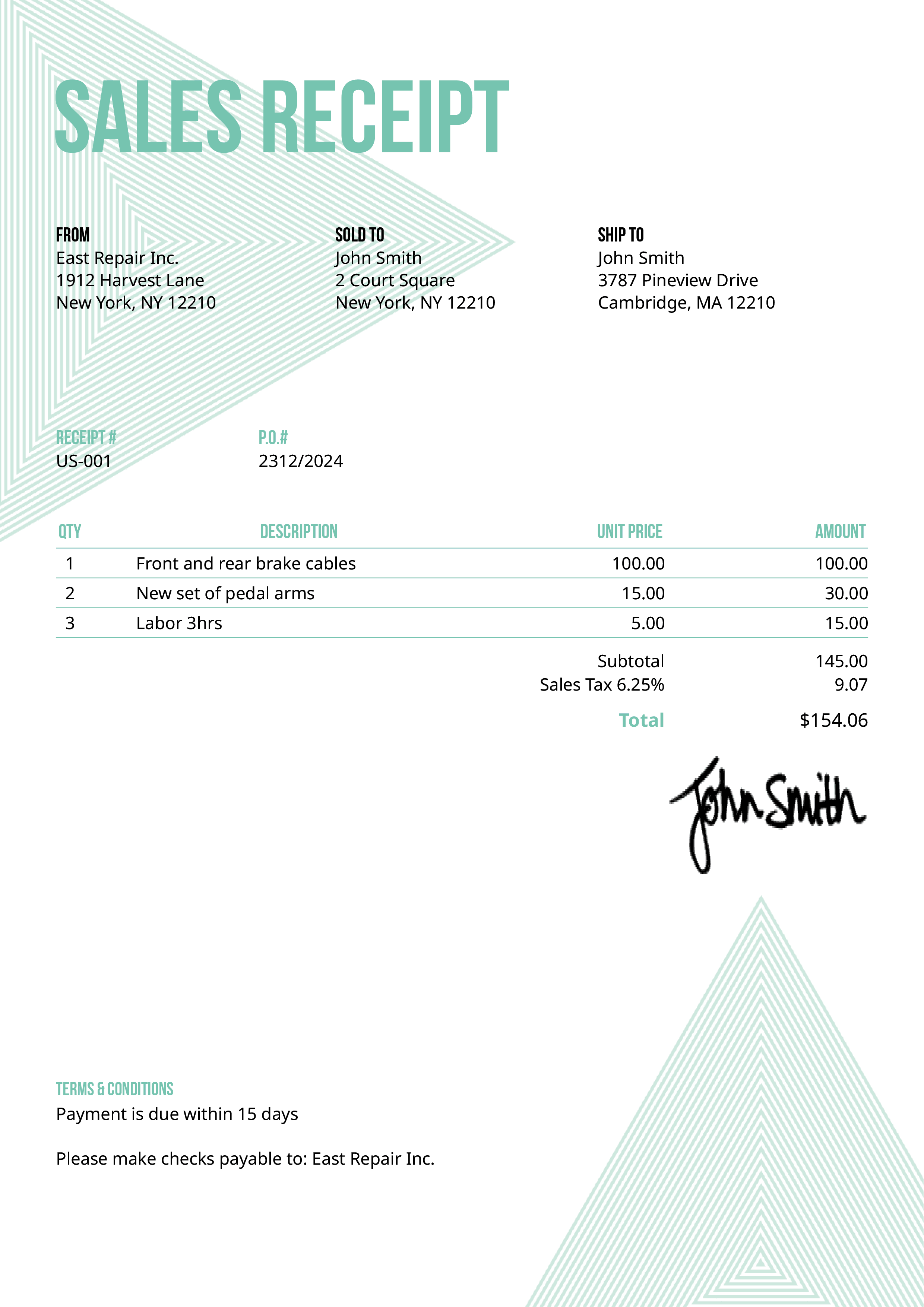 Sales Receipt Template Us Triangles Turquoise 
