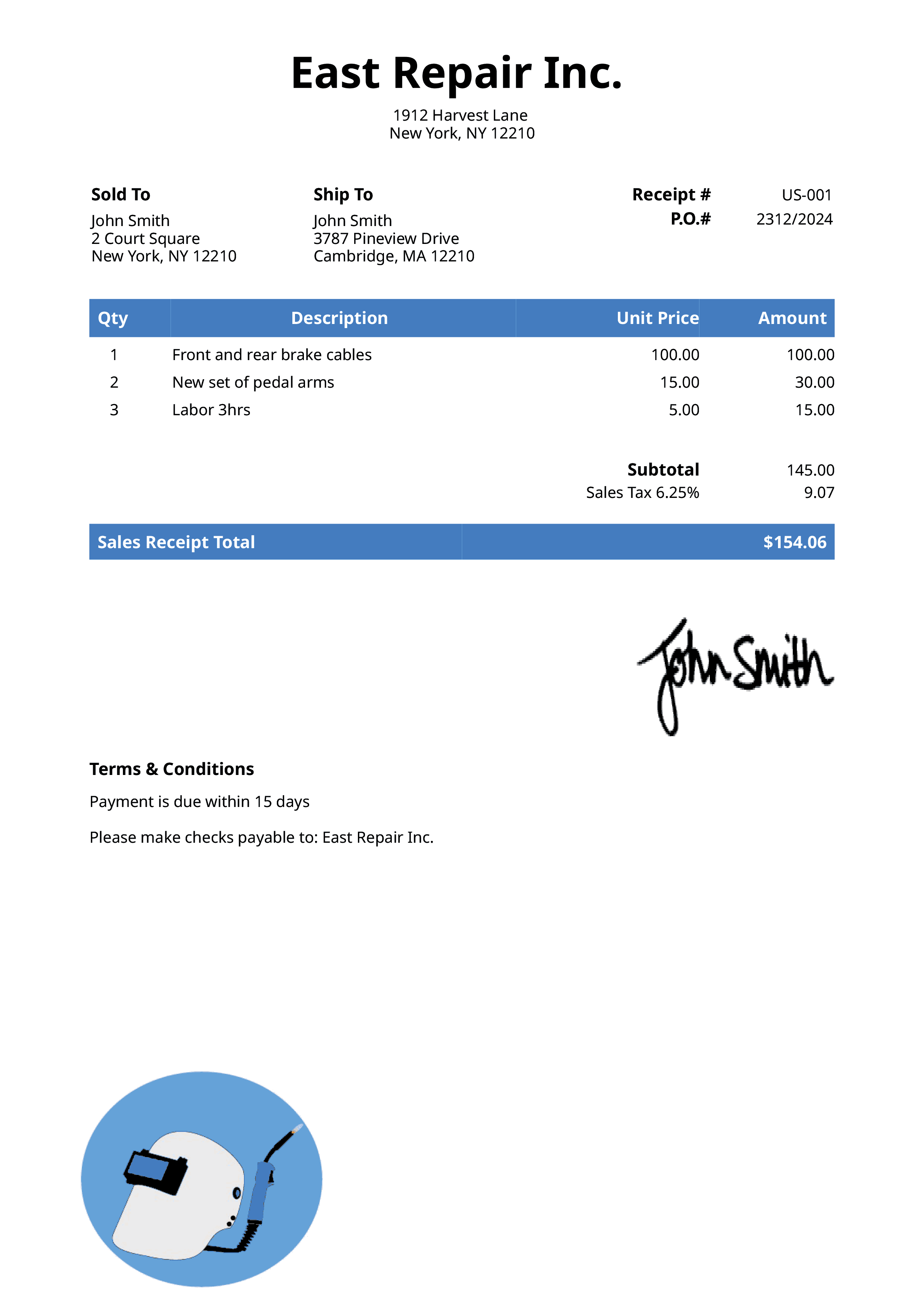 Sales Receipt Template Us Welder Blue 